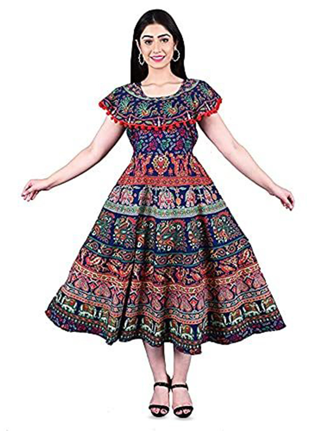 OUTER WEAR AYAM EXPORTS Women Ethnic Motifs Cotton Flared Sleeve Fit & Flare Midi Dress