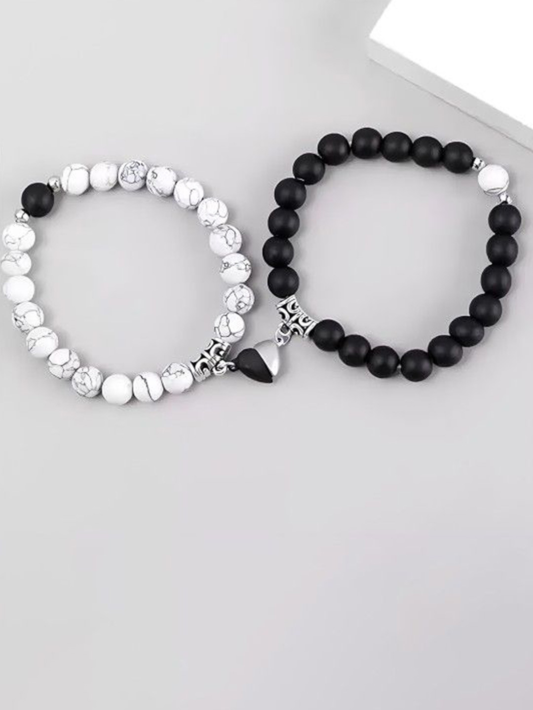 Ringzinnie Unisex Set Of 2 Artificial Beaded Magnetic Couple Elasticated Bracelet
