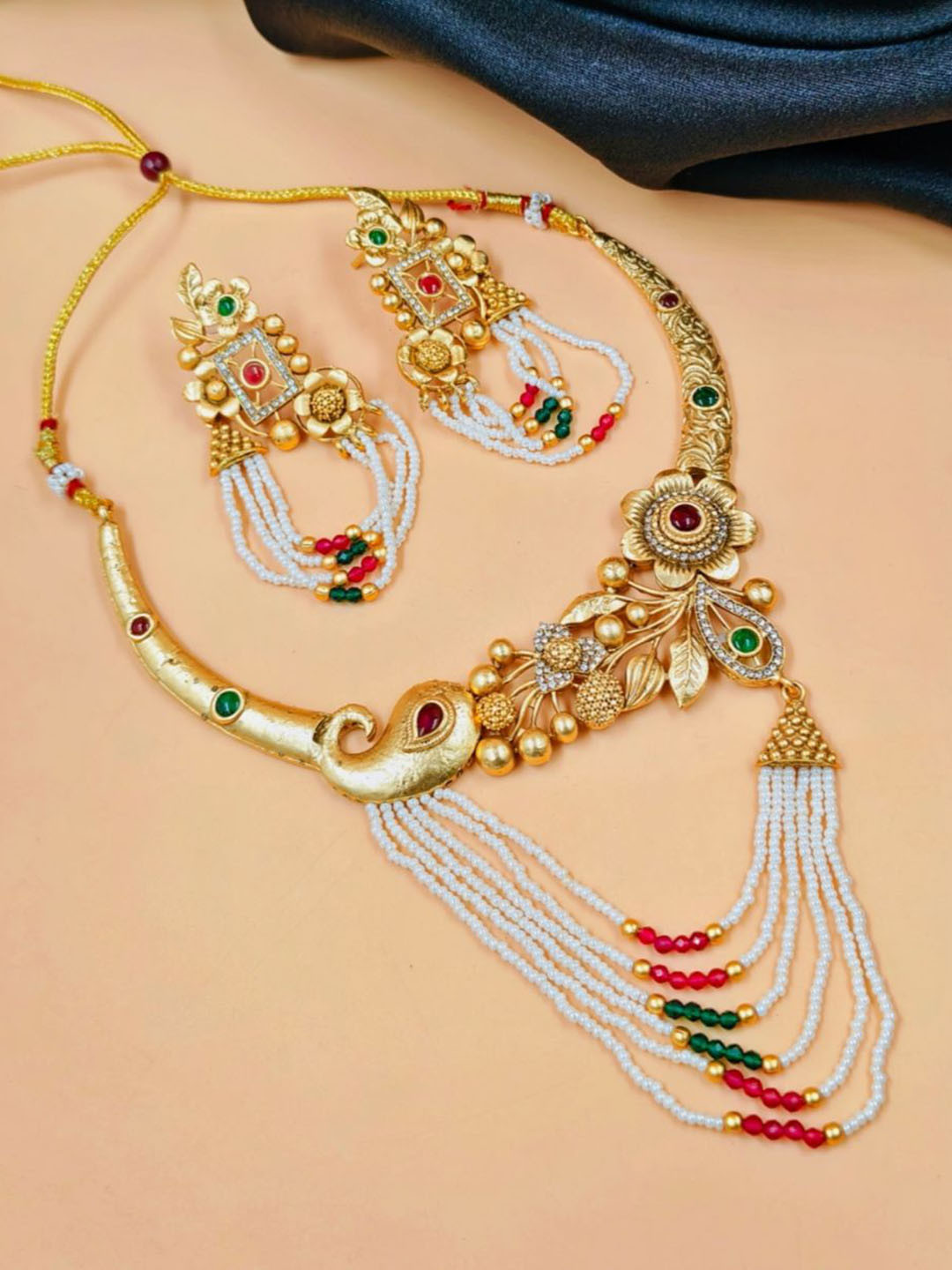 JYONA Gold-Plated Artificial Stone Studded & Beaded Eye-Catchy Jewellery Set