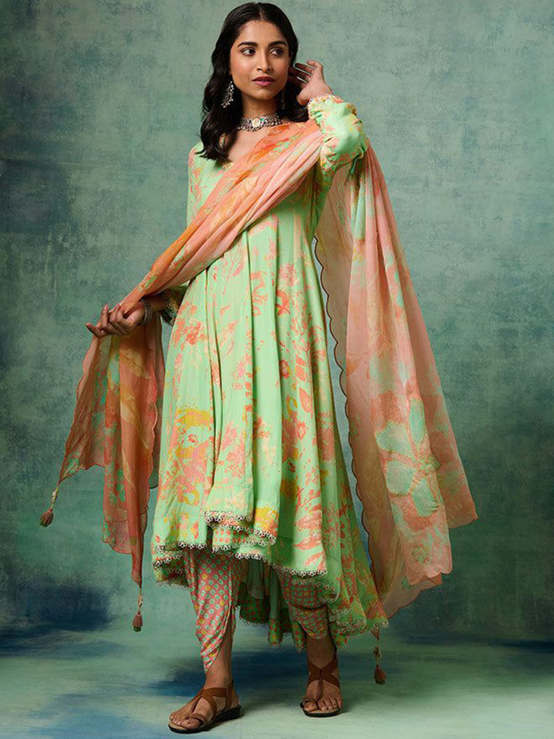 SAUNDH Preet Floral Printed Anarali Kurta With Dhoti Pant & Dupatta