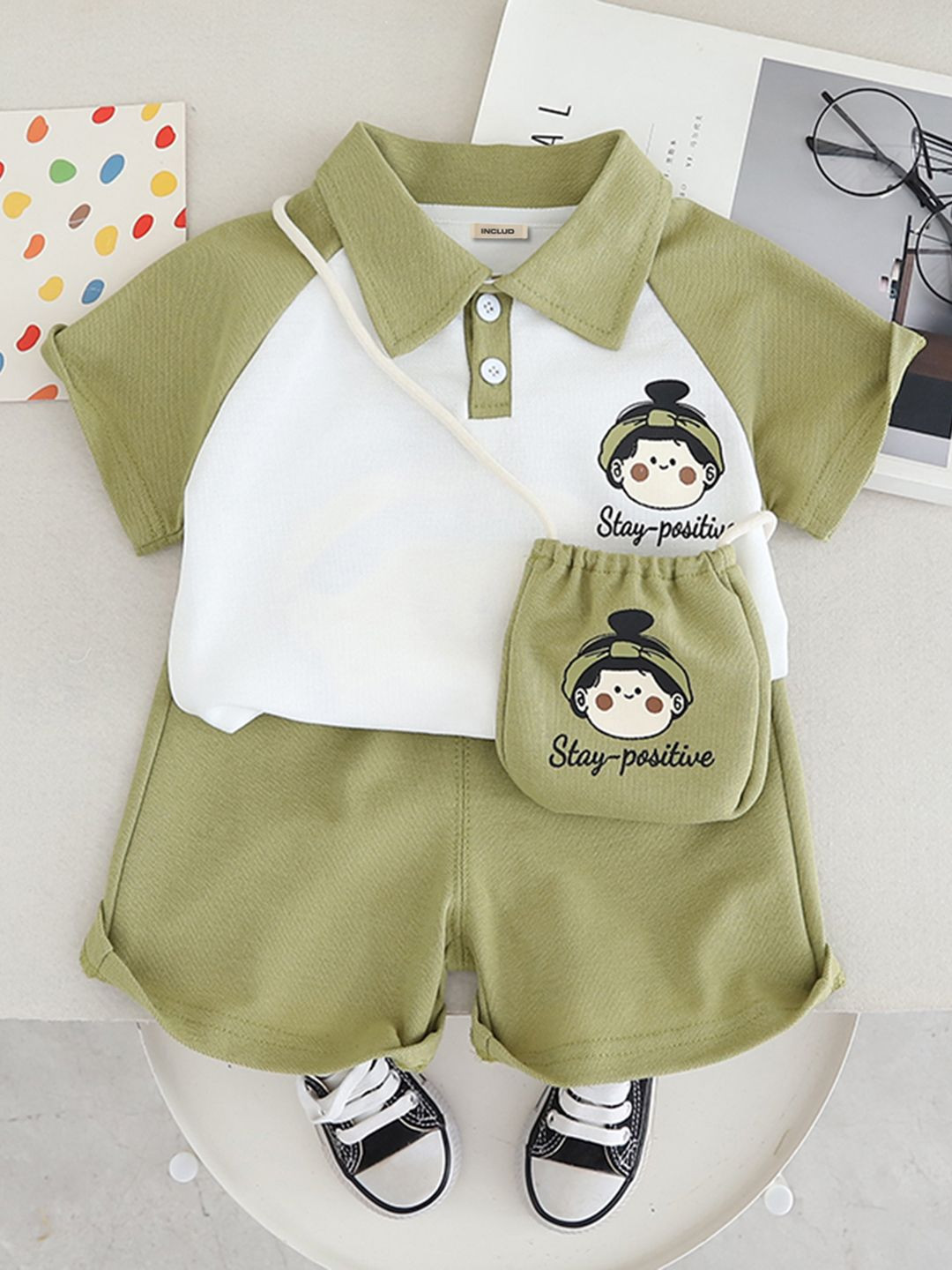 INCLUD Girls Printed Short Raglan Sleeves T-Shirt With Shorts & Sling Bag