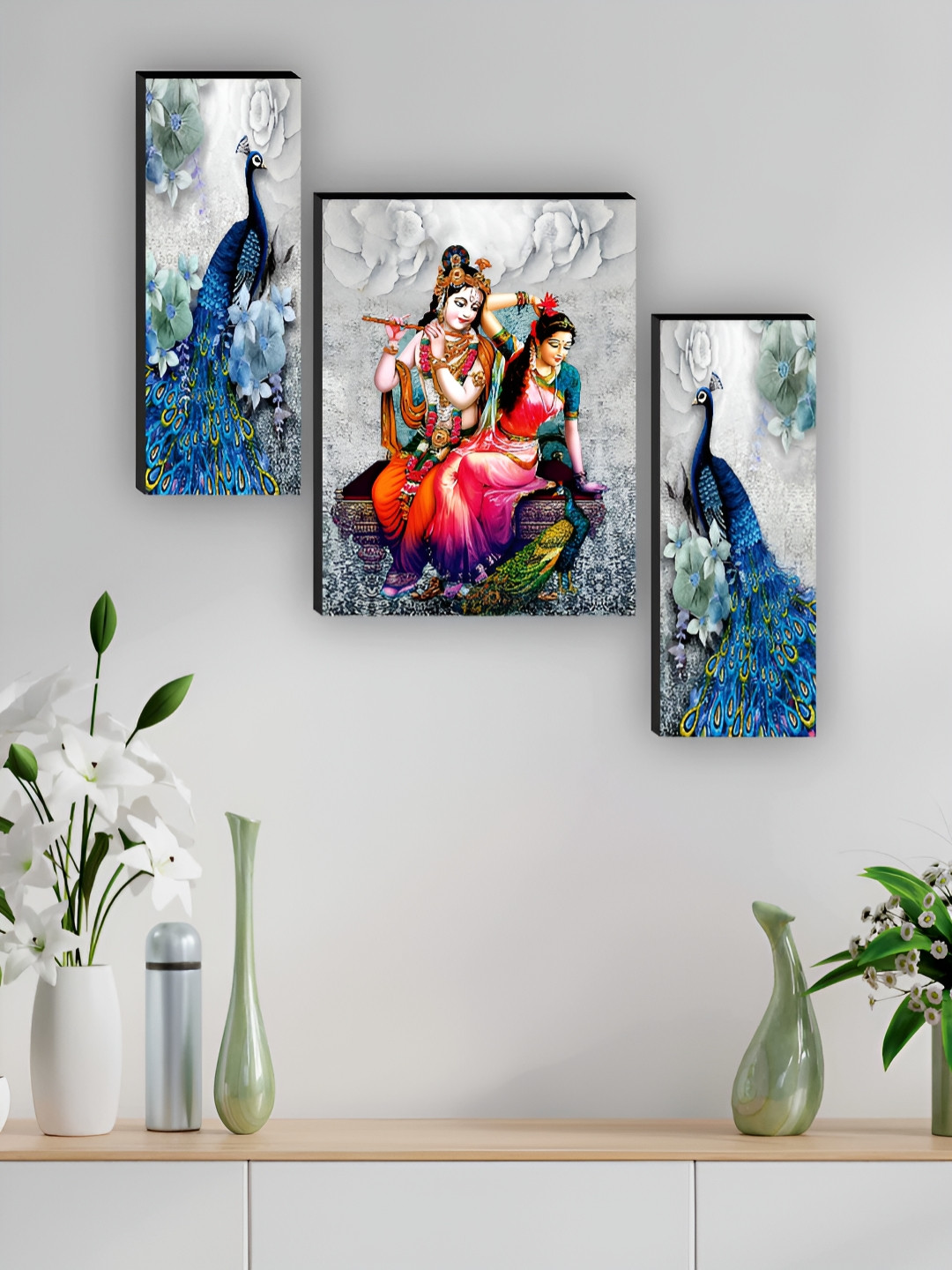 SAF Grey & Blue 3 Pieces Radha Krishna Printed Wooden Wall Art