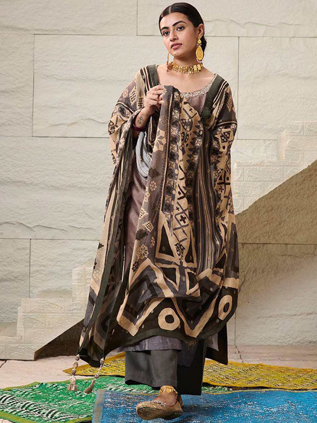 SAUNDH Lekha Ethnic Printed Sequinned Organza Straight Kurta With Palazzos & Dupatta