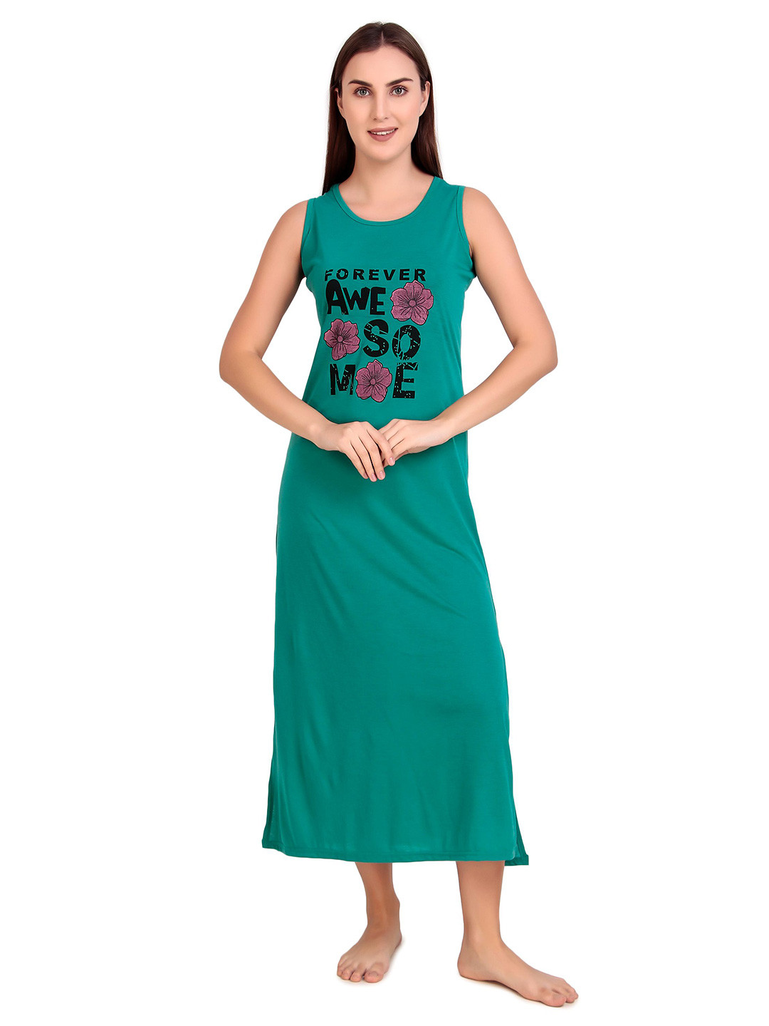 BOMBSHELL Women Typography Printed Maxi T-Shirt Nightdress