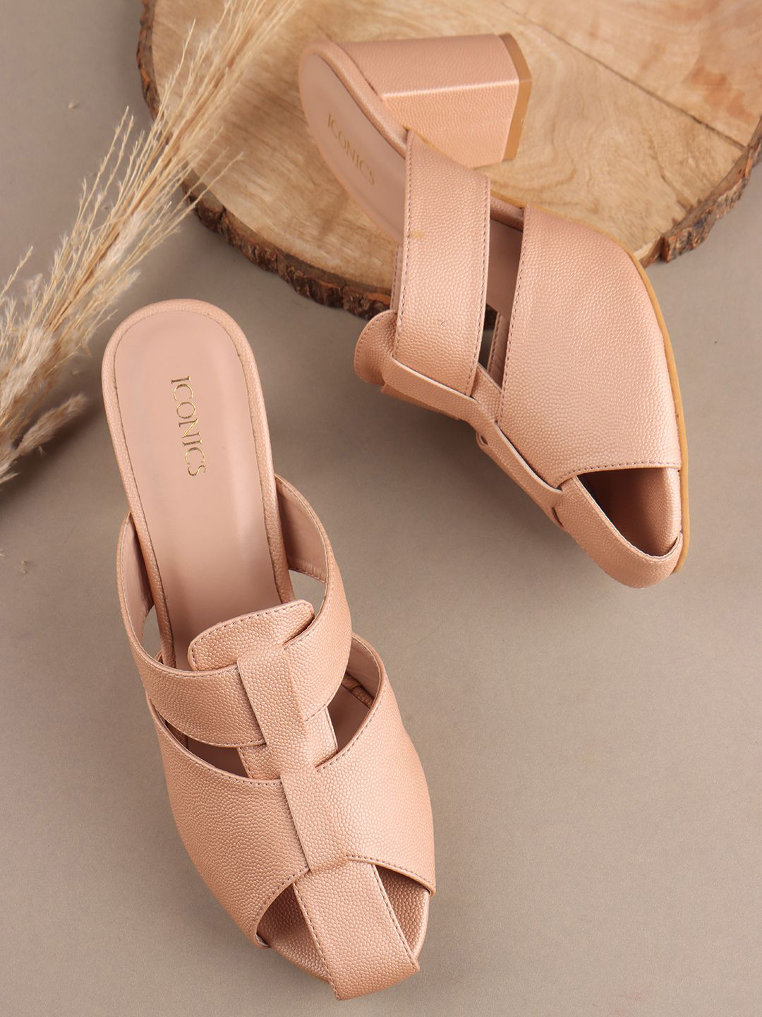 ICONICS Textured Block Heel Peep Toe Sandals
