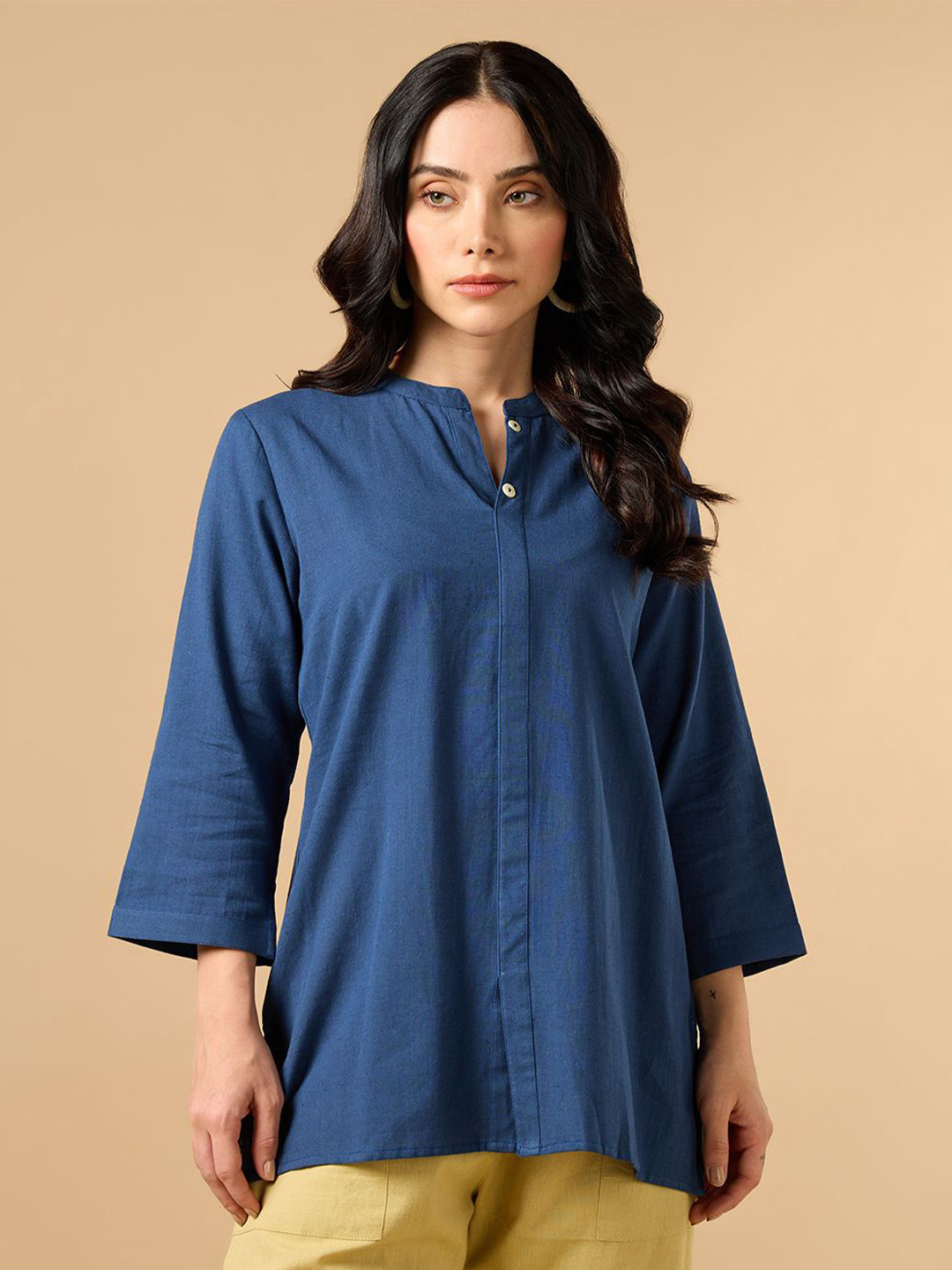 COTTONS DAILY Women Blue Solid Mandarin Collar Cotton Linen Kurta