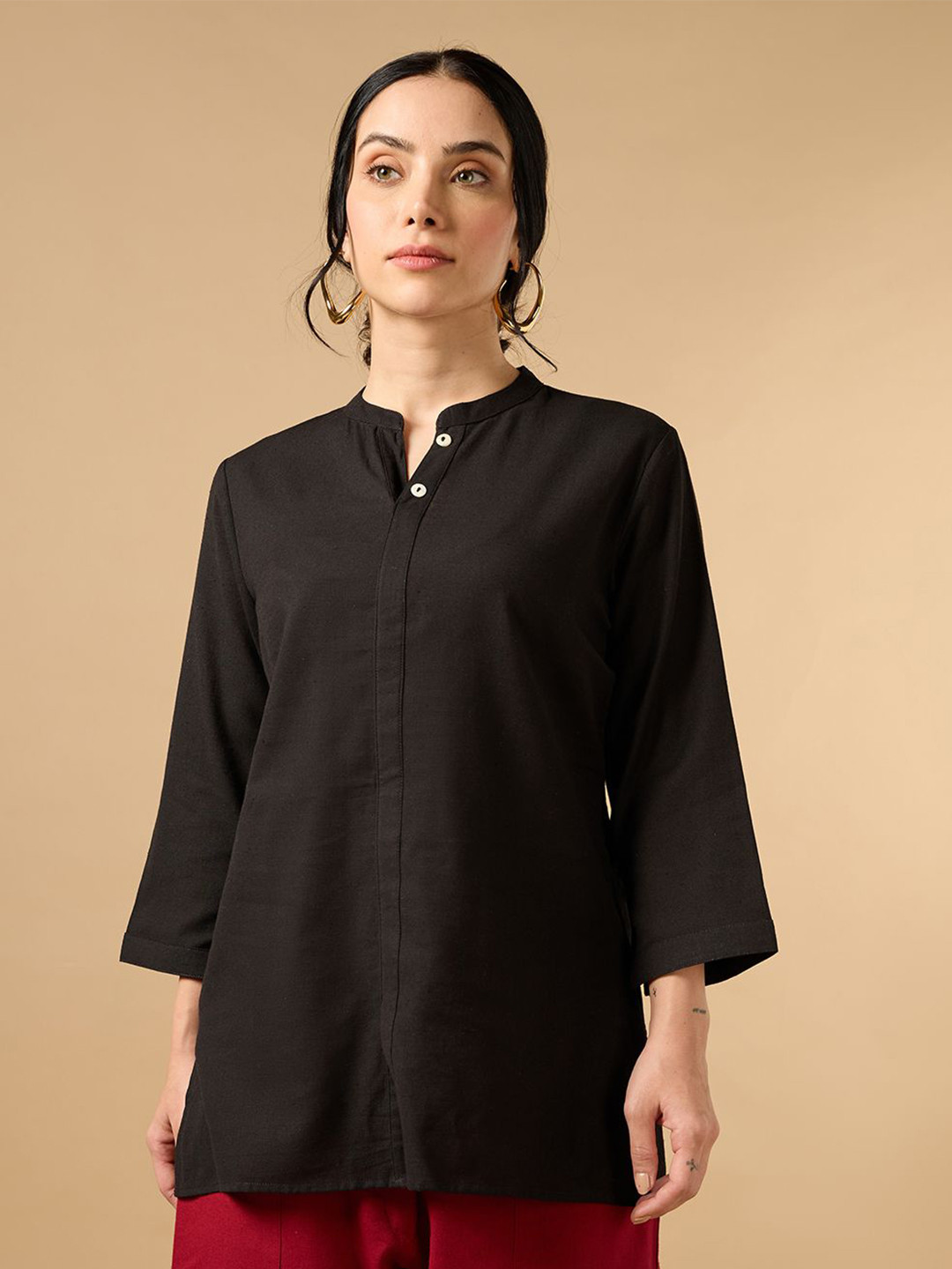 COTTONS DAILY Women Black Solid Mandarin Collar Cotton Linen Kurta