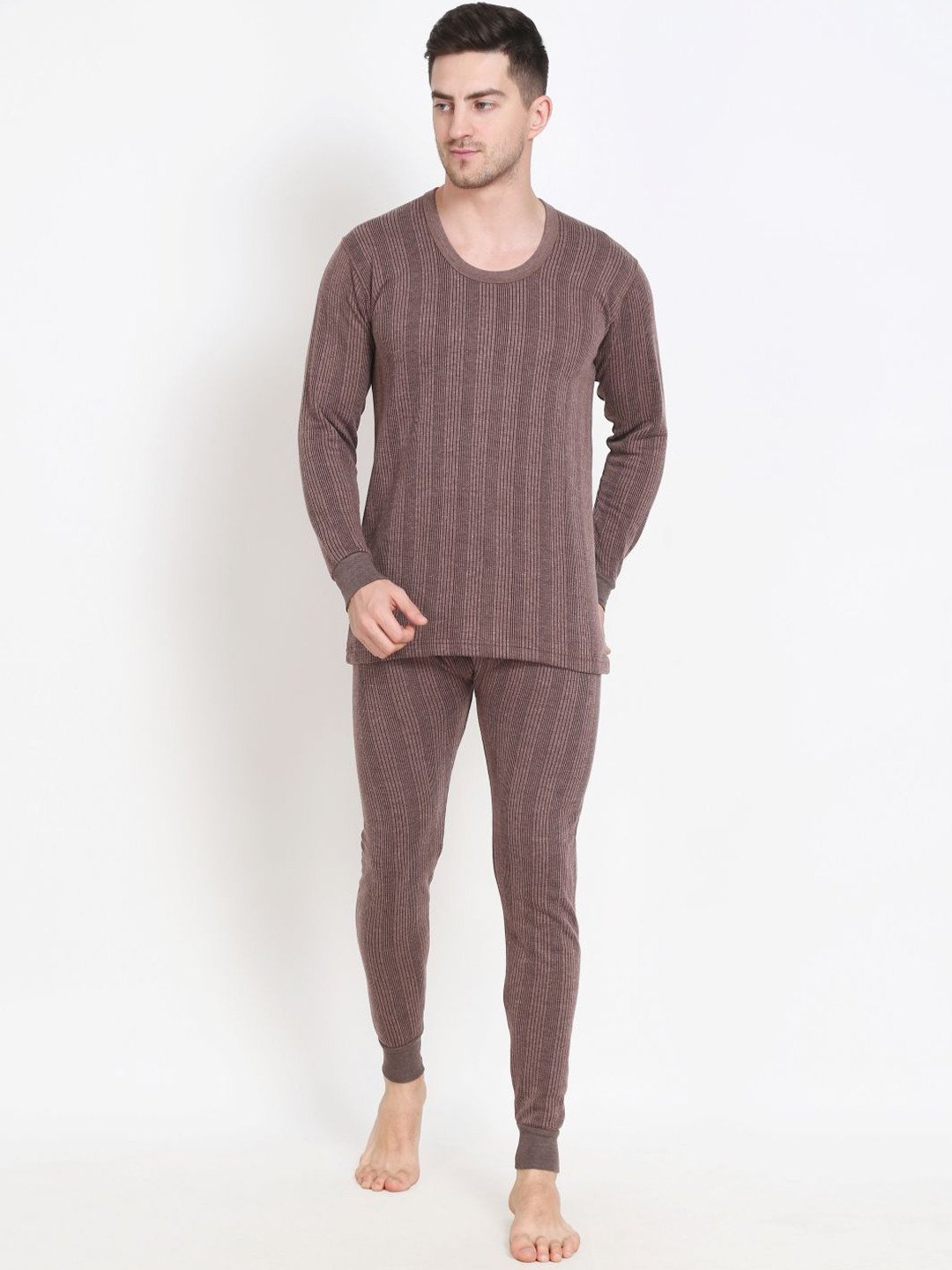 TOUCH WOOL Striped Cotton Round Neck Thermal Set