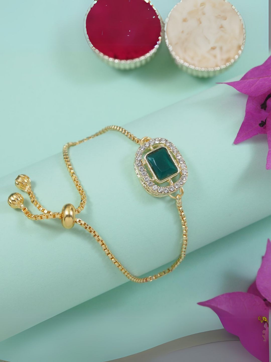 I Jewels Gold-Plated Artificial Stones Studded Square Shaped Link Bracelet