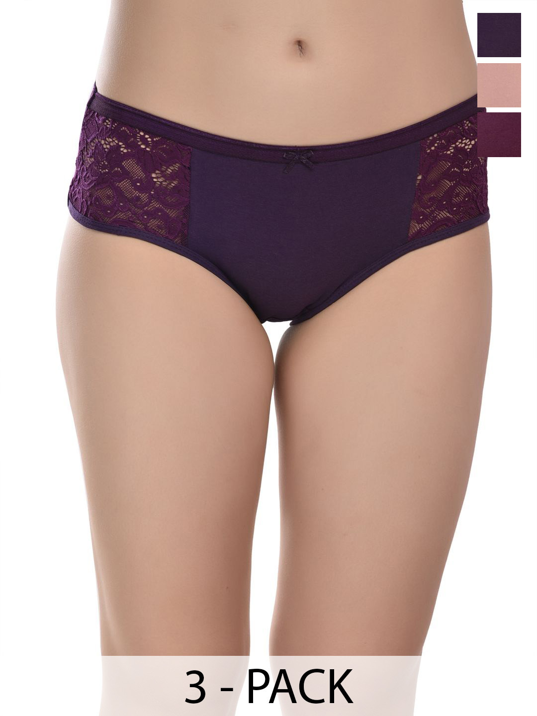 Valles365 by S.C. Women Pack Of 3 Self Design Lace Mid-Rise Hipster Briefs