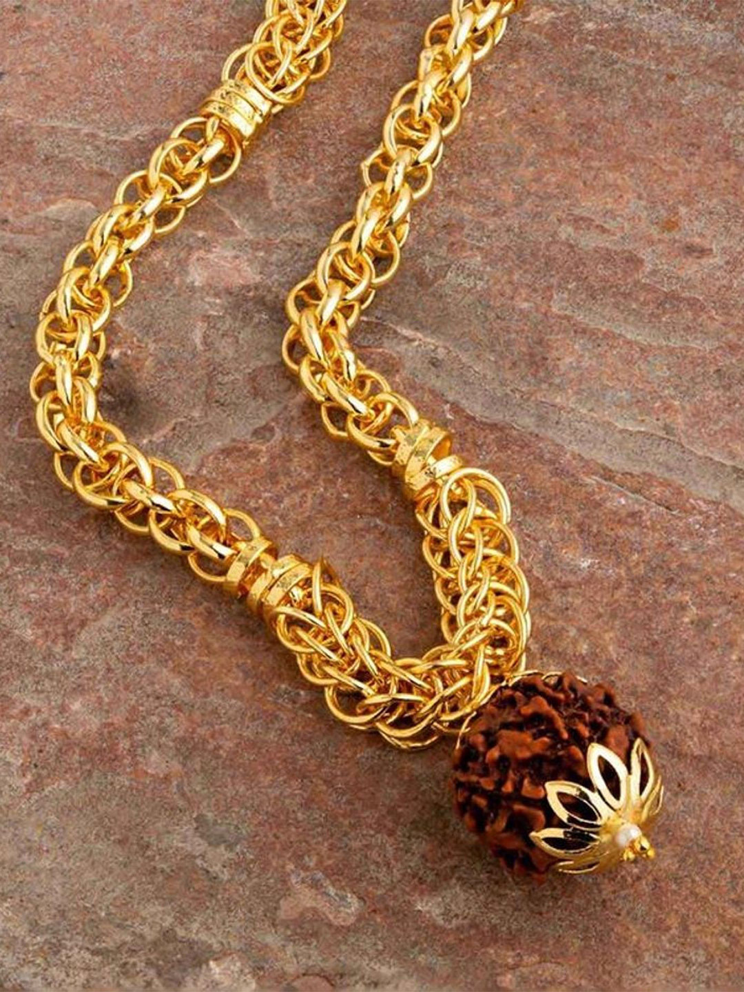 SANAA CREATIONS Unisex Gold-Plated Shiv Mahadev Symbol Rudraksha Bead Statement Chain