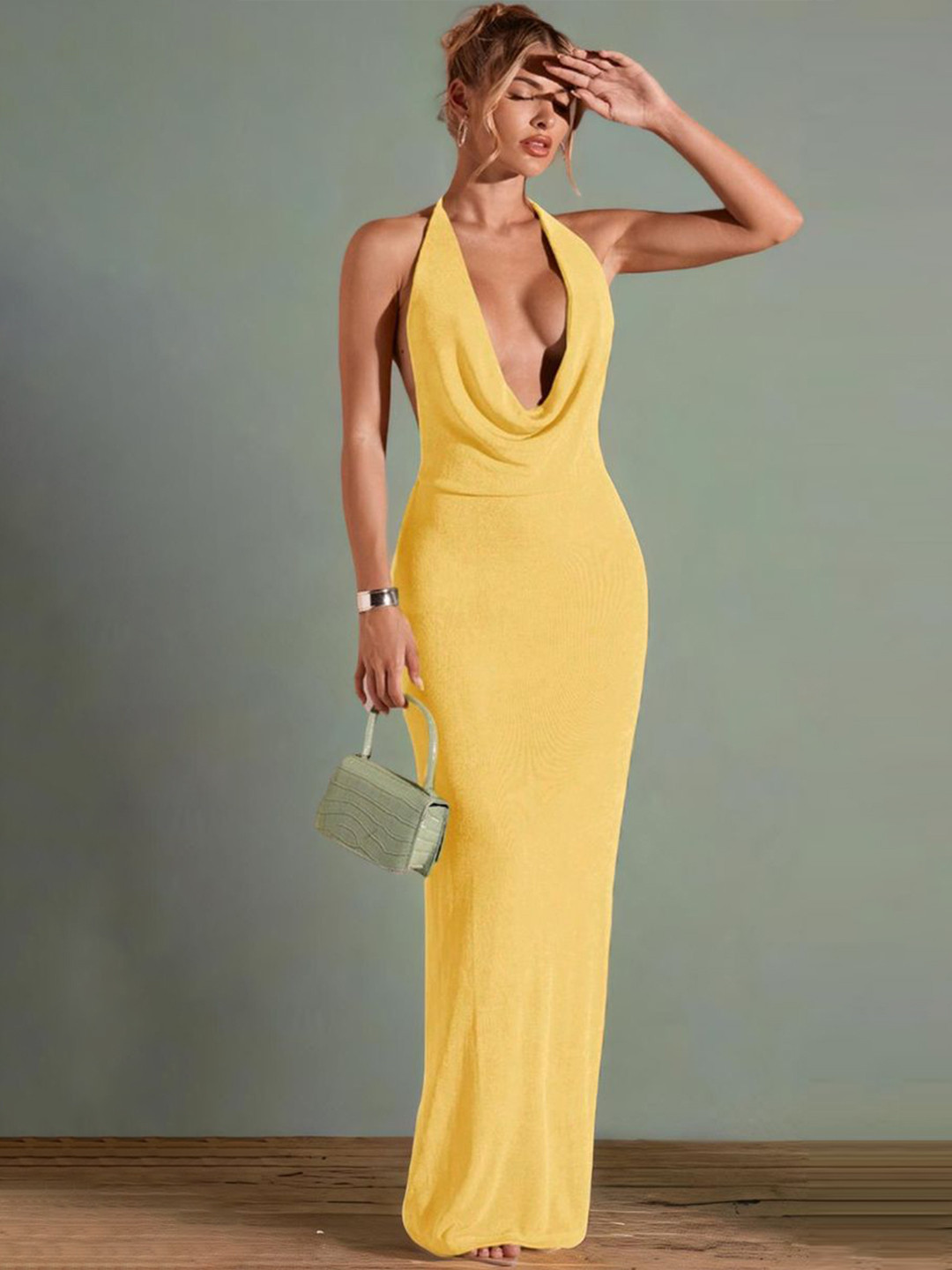 Genzy Women Cowl Neck Crepe Bodycon Maxi Dress