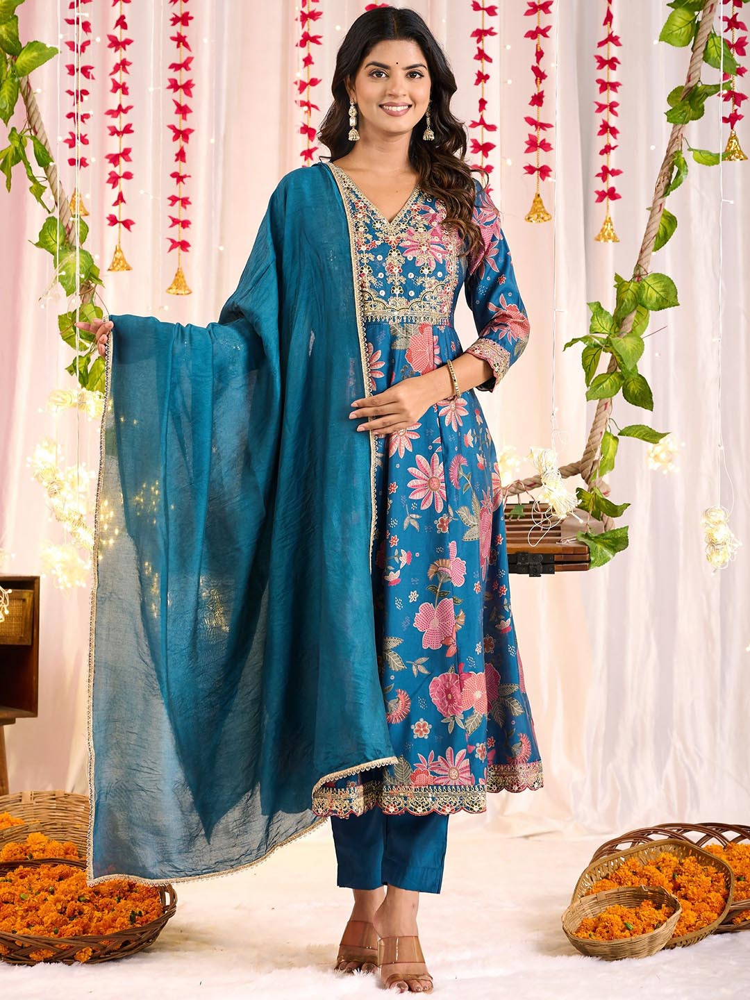 Yavie Floral Printed Chanderi Cotton V-Neck Anarkali Kurta With Trousers And Dupatta