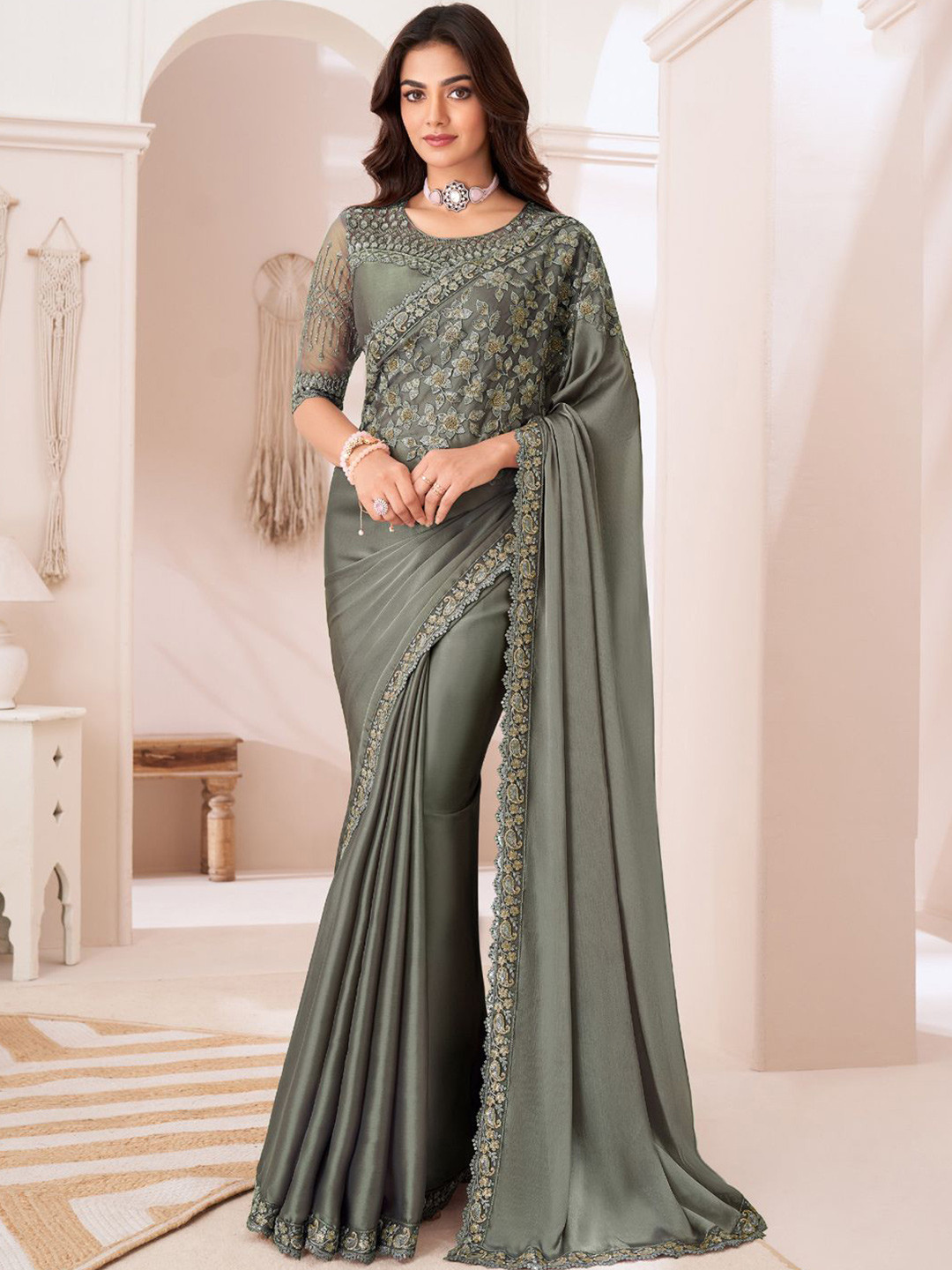 Mitera Solid Floral Embroidered Sequinned Satin Designer Saree