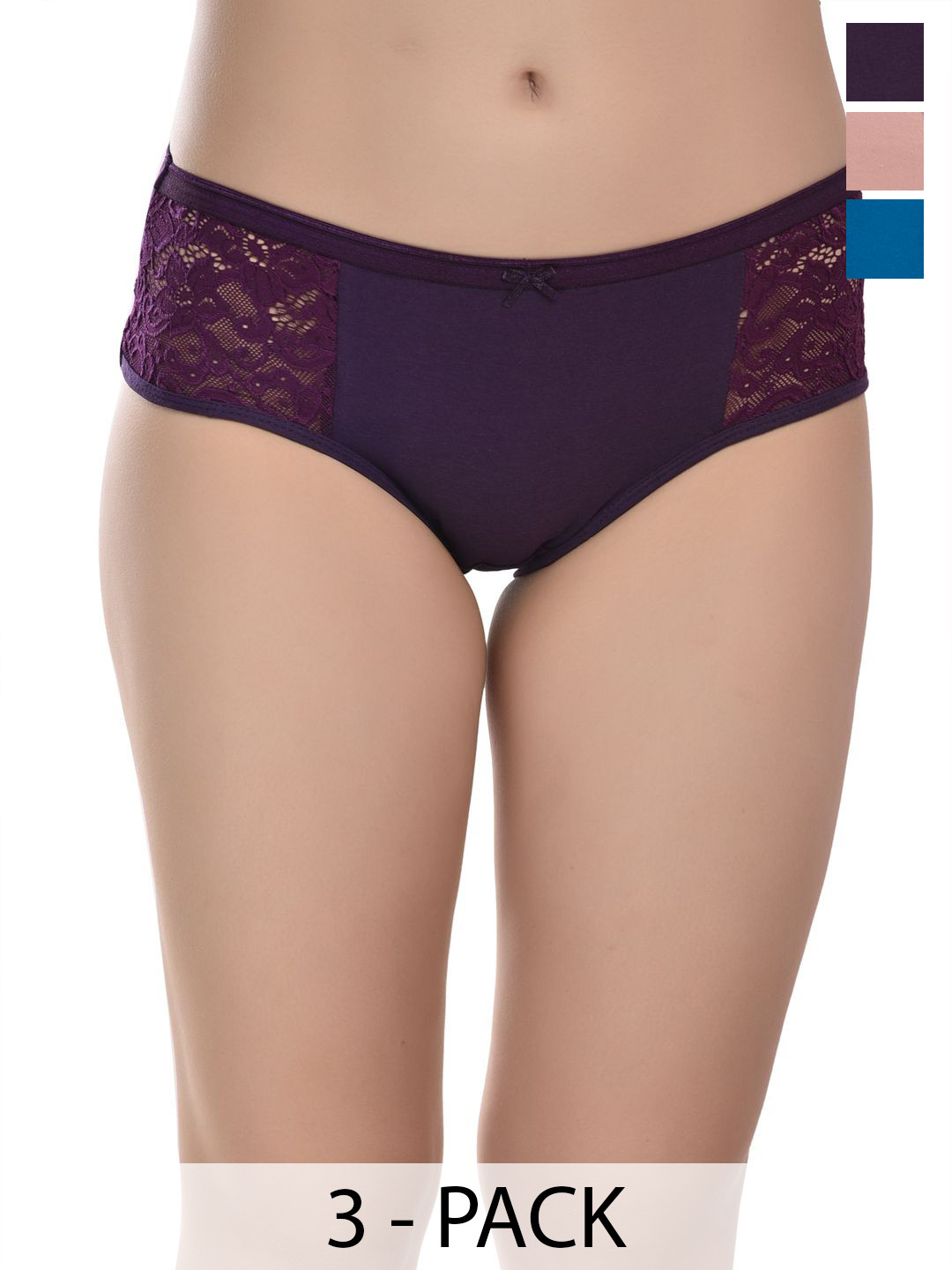 Valles365 by S.C. Pack Of 3  Lace Mid-Rise Hipster Briefs PNTPSDCRBLUPURBG-S