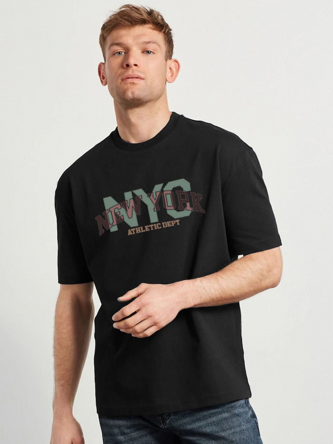 Genzy Men Typography Printed Drop-Shoulder Sleeves Applique T-shirt