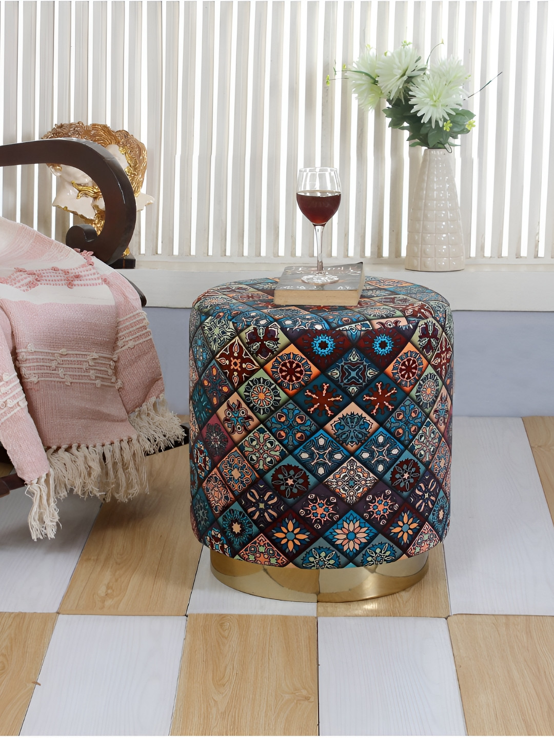 Shadowkart Blue & Maroon Printed Round Wooden & Velvet Pedestal Pouffes Ottoman