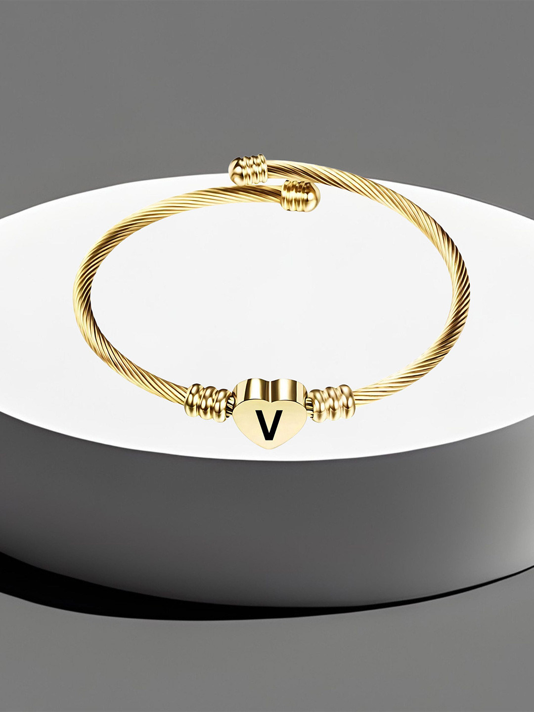 M Men Style Gold-Plated Stainless Steel Heart Initials Engraved V Cuff Bracelet