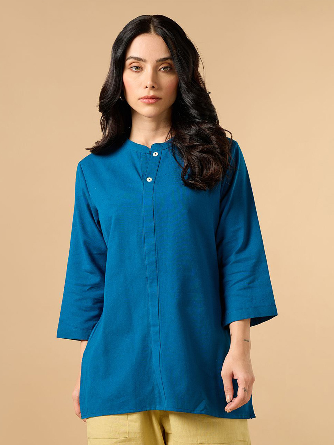COTTONS DAILY Women Blue Solid Mandarin Collar Cotton Linen Kurta