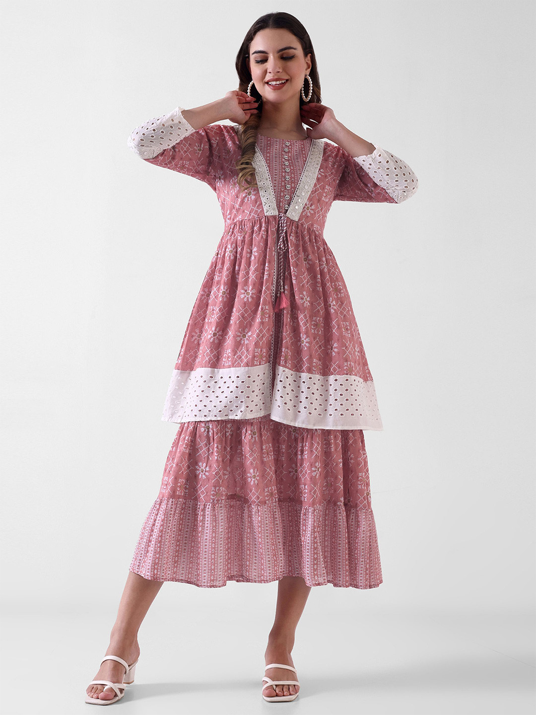 Pashet Women Ethnic Motifs Print Round Neck Layered Schiffli Fit & Flare Dress