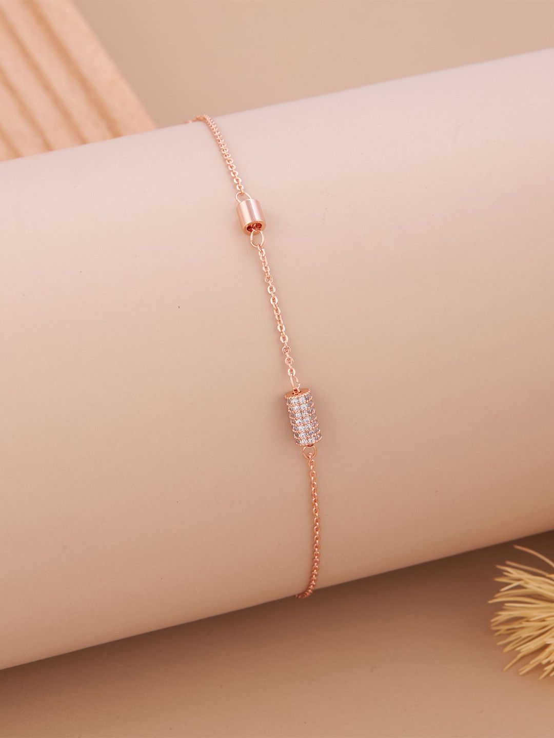 GC Jewelery Stainless Steel Rose Gold-Plated AD Cylindrical Beaded Wraparound Bracelet