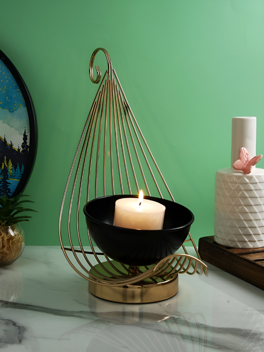TAYHAA Gold-Toned & Black Hanging Candle Holder With Black Bowl