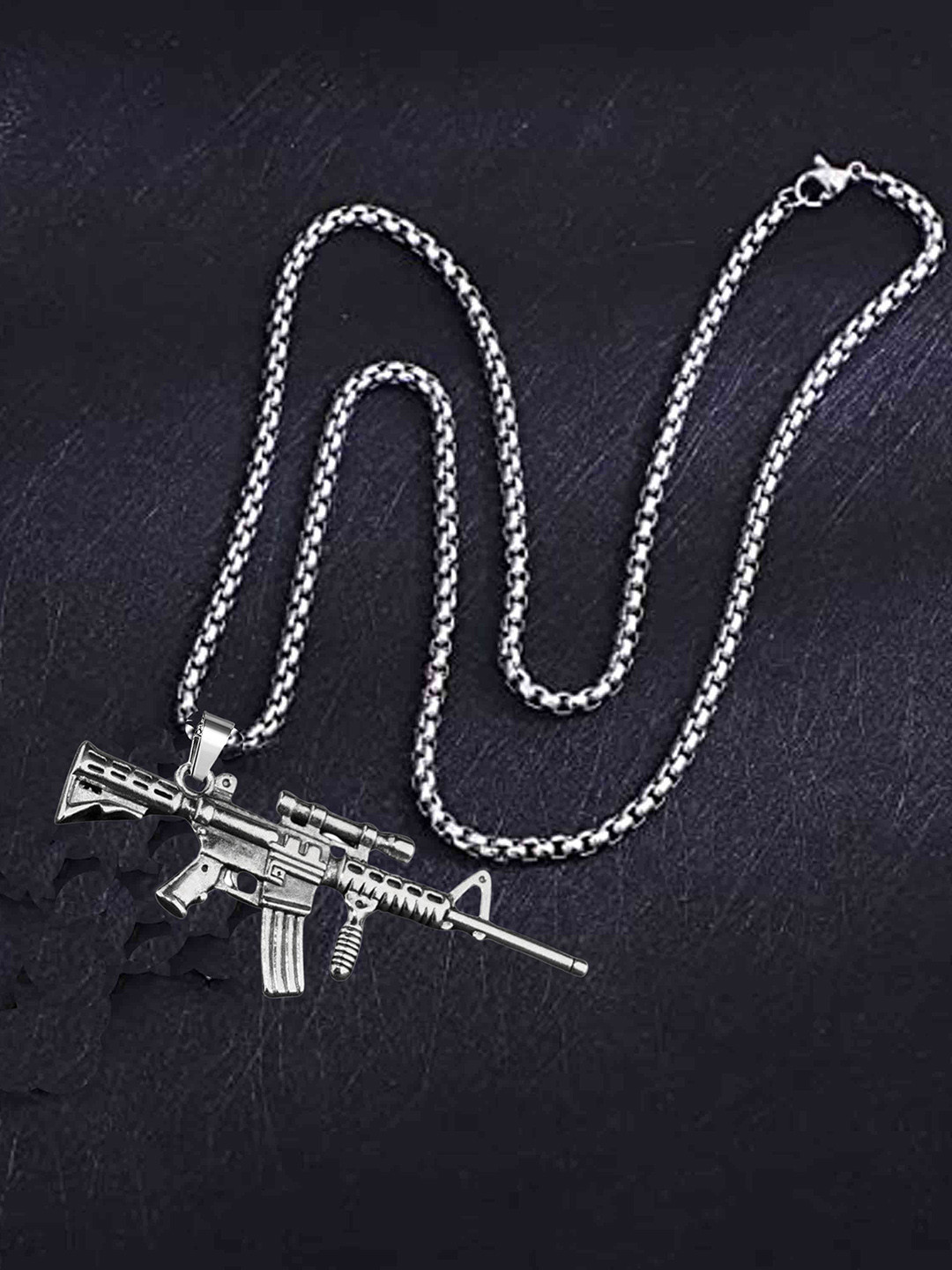 M Men Style Men Rhodium-Plated Contemporary Army Rifle Machine Gun Pendants with Chains