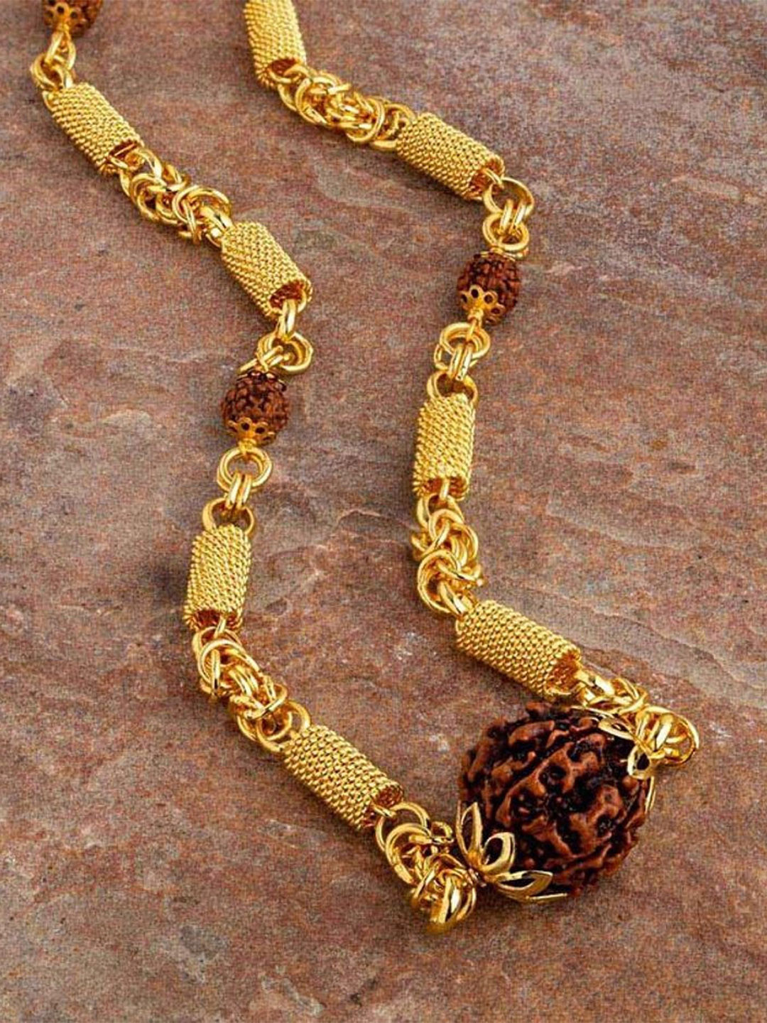 SANAA CREATIONS Unisex Gold-Plated Shiv Mahadev Symbol Rudraksha Statement Antique Chain