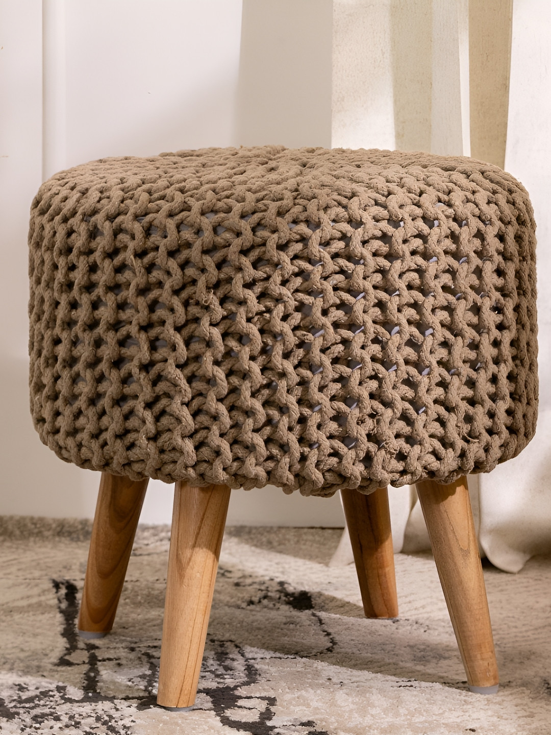 THREADVIBE LIVING Cream-Colored & Brown Wooden & Velvet Round Ottoman