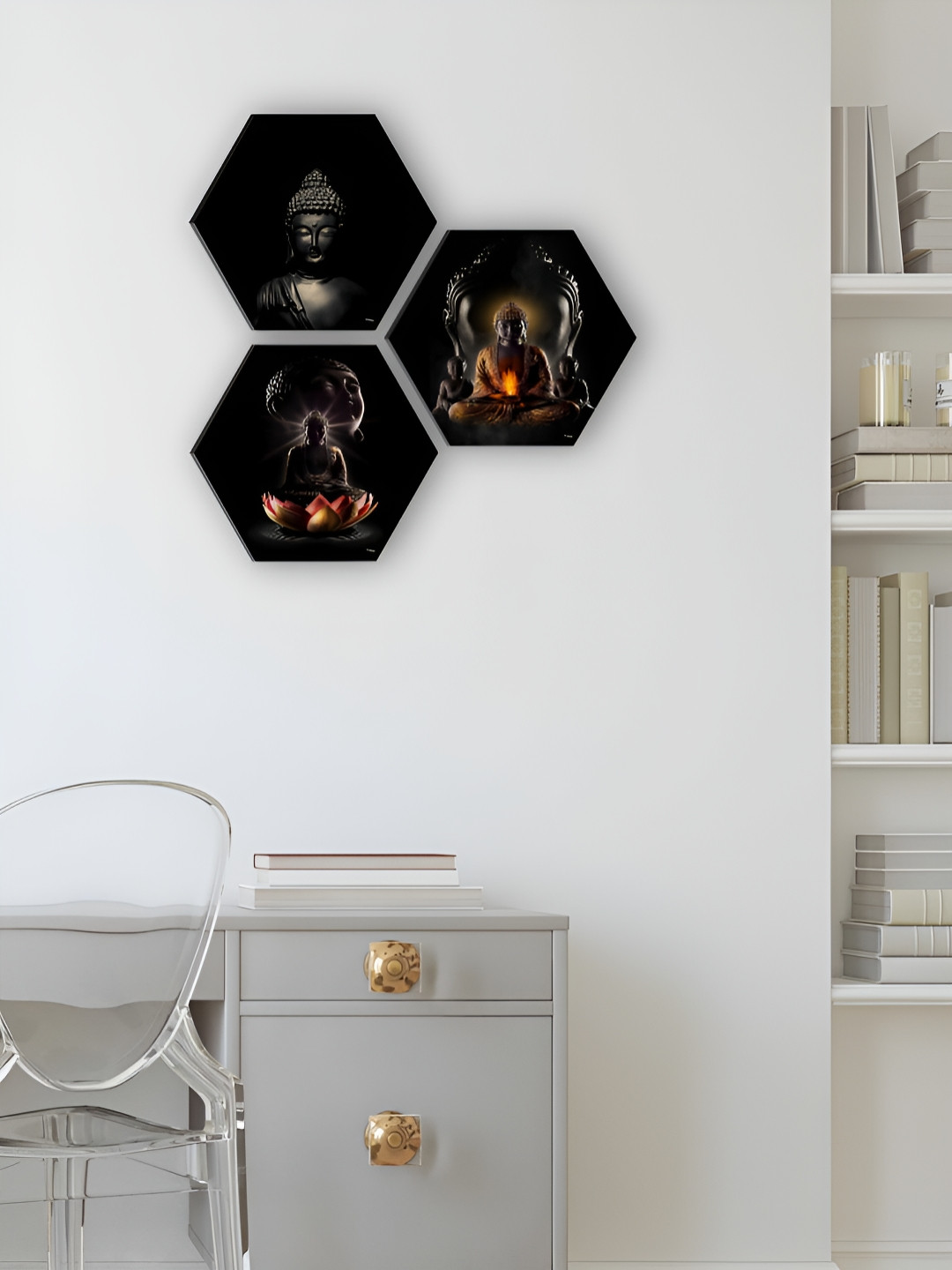 SAF Black & Orange 3 Pieces Buddha Religioius Printed Wooden Wall Art