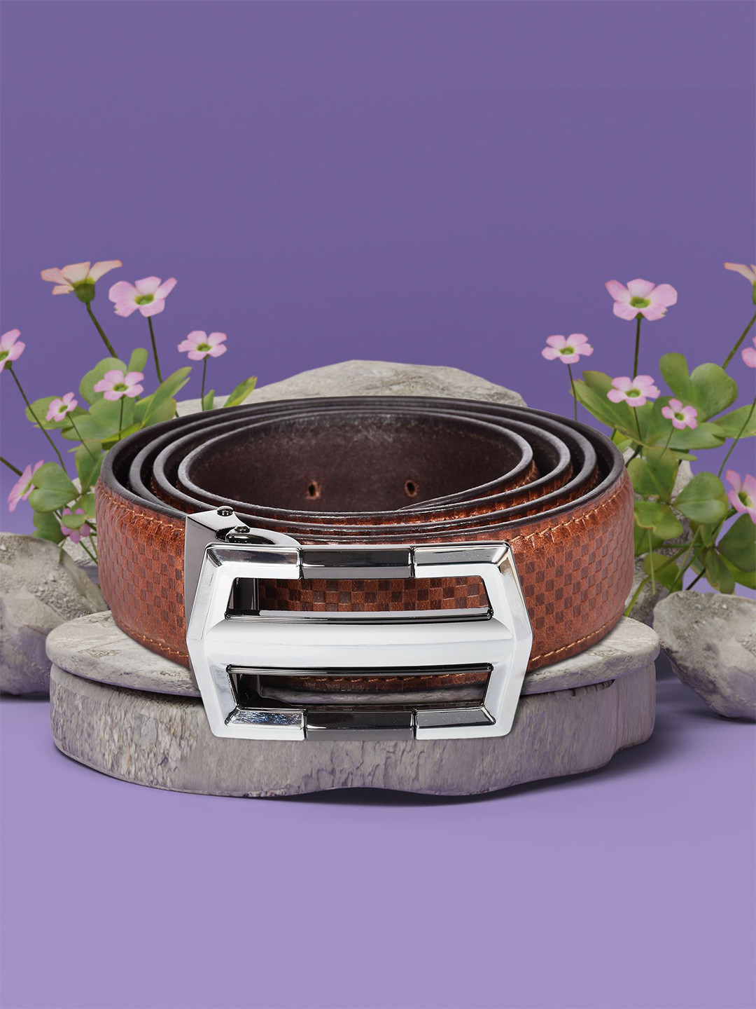 Sassora Men Checkered Embossed Design Leather Belt