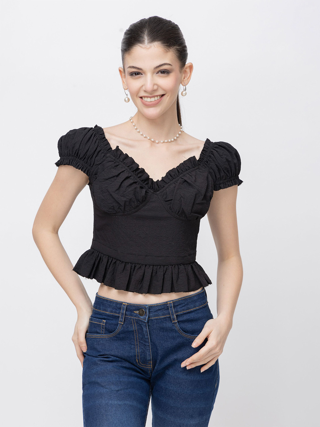 7OUNCE Women Puff Sleeve Smocked Crop Top