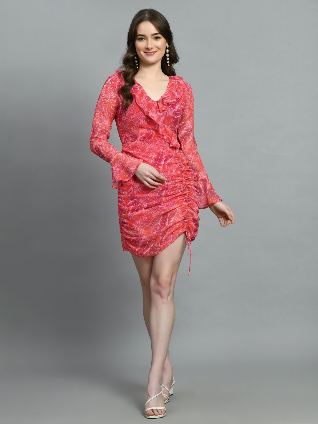 Fuchsia  Women Floral Printed Ruffles & Ruched Bodycon Mini Dress