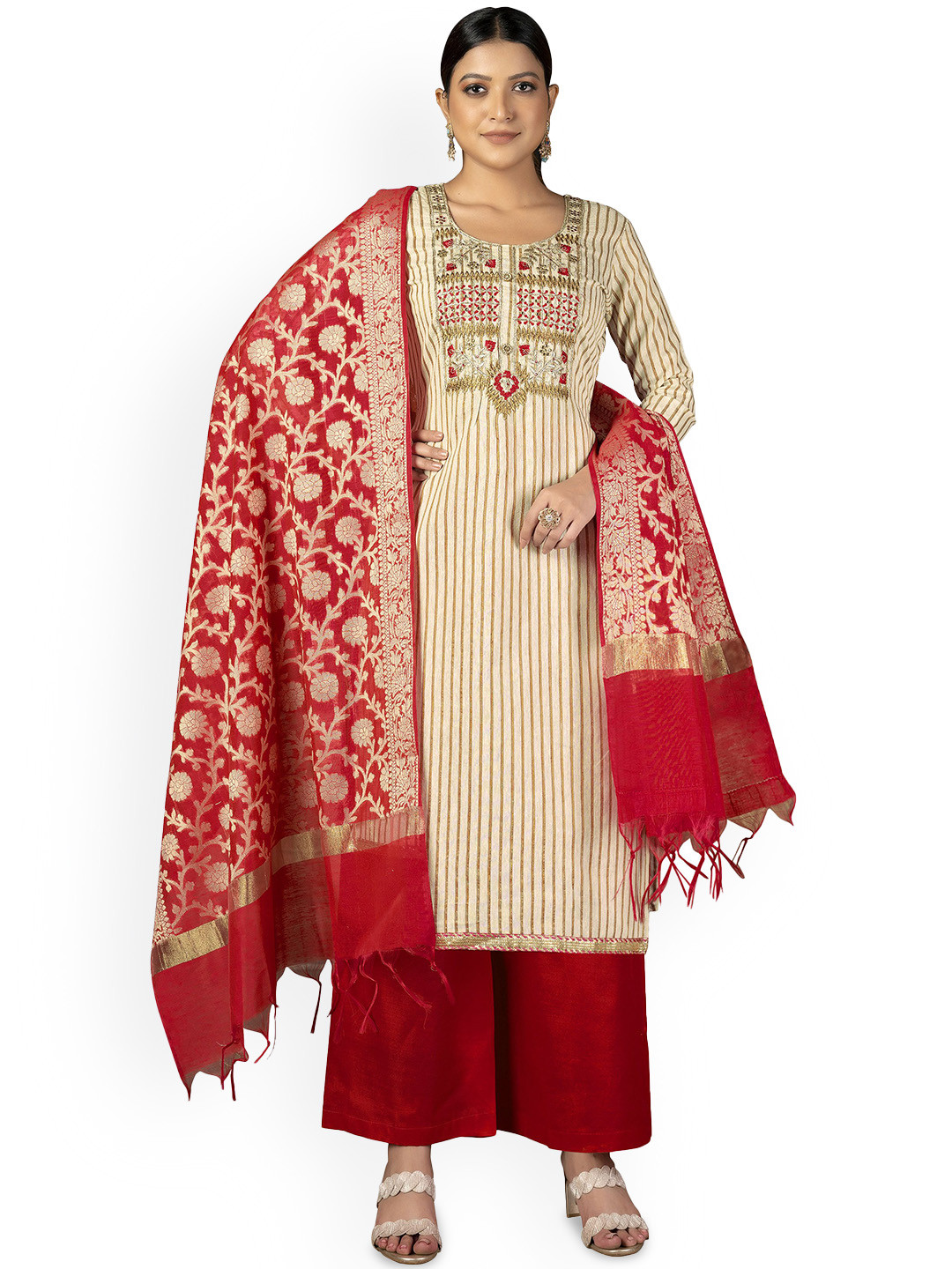 HERE&NOW Striped Jacquard Woven Design Zari Cambric Cotton Unstitched Dress Material
