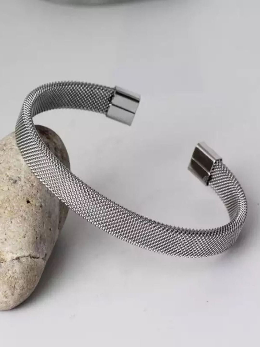 FIMBUL Men Fashion Frill Stainless Steel Mesh Silver Cuff Bracelet