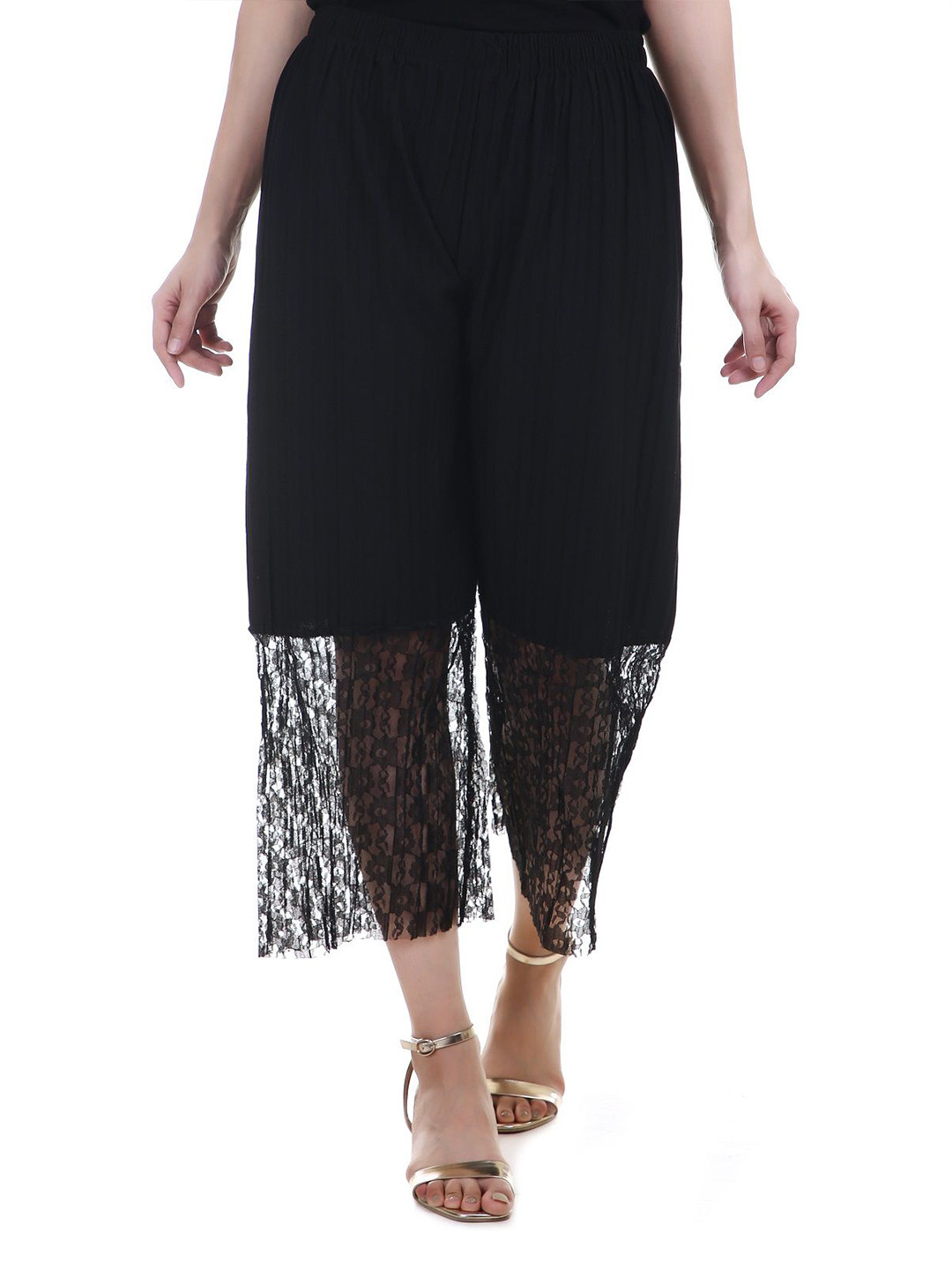 POLLOLOCO Women Self Design Flared Fit Mid Rise Palazzos