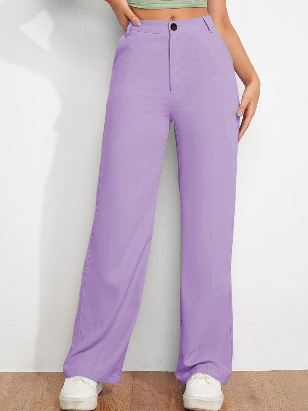 BAESD Women Relaxed Straight Leg Relaxed Fit High-Rise Non Iron Trousers