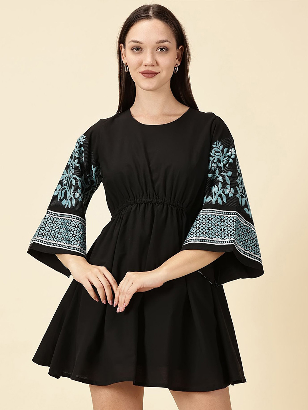 Indyvarna Women Floral Printed Bell Sleeve Fit & Flare Mini Dress