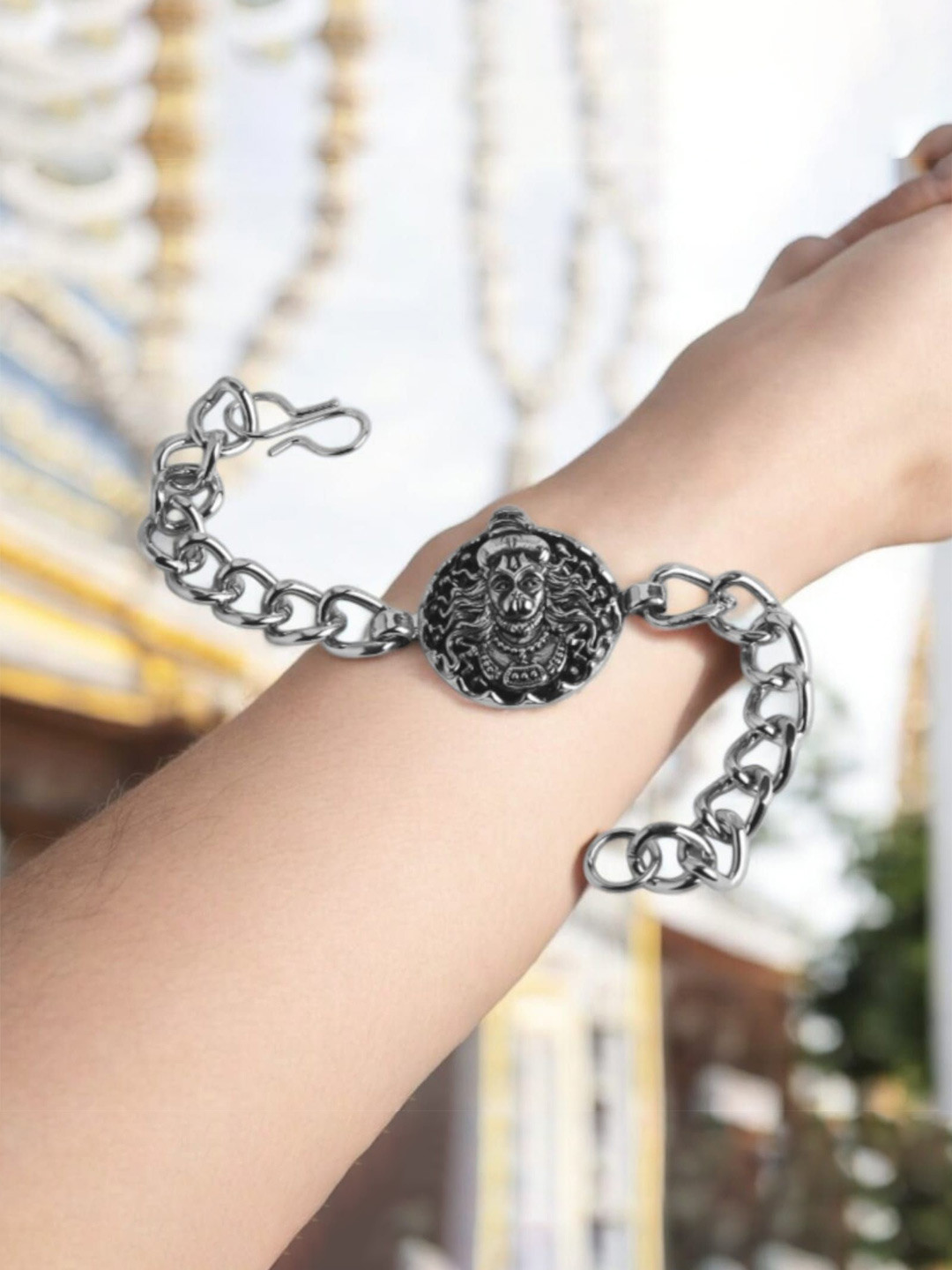 Ringzinnie Men Sterling Silver Hanuman Face Link Bracelet
