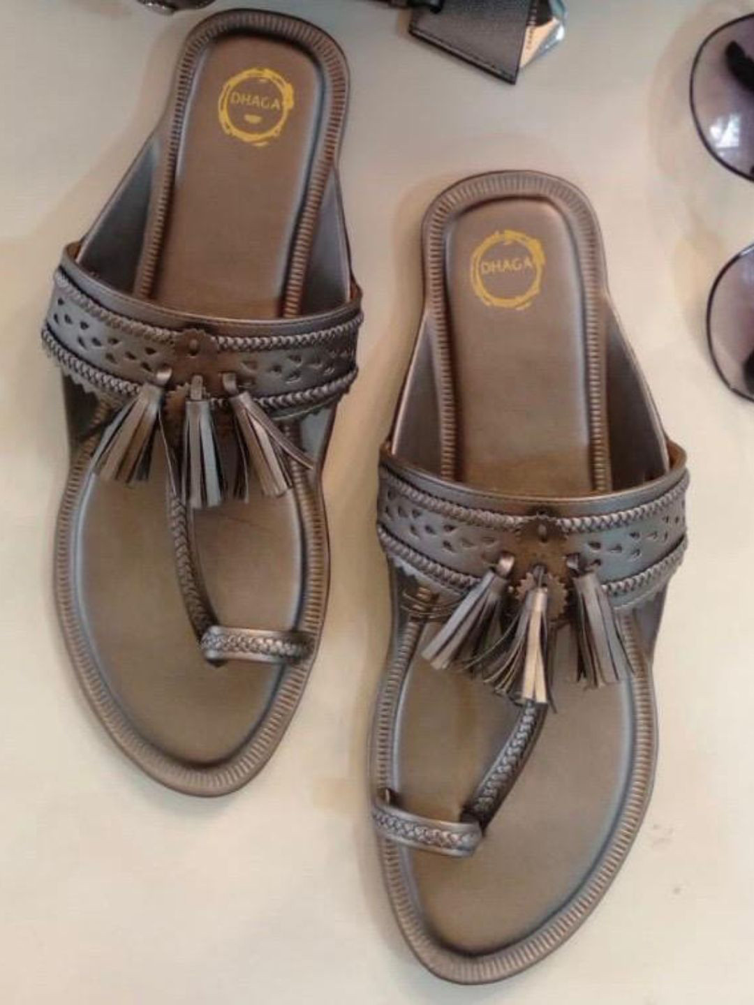 Dhaga Women Gun metal tassel flat Kolhapuri