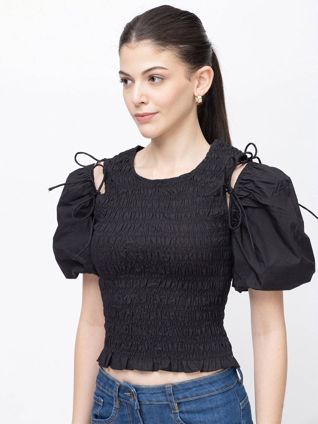 7OUNCE Women Solid Smocked Round Neck Puff Sleeve Crop Top