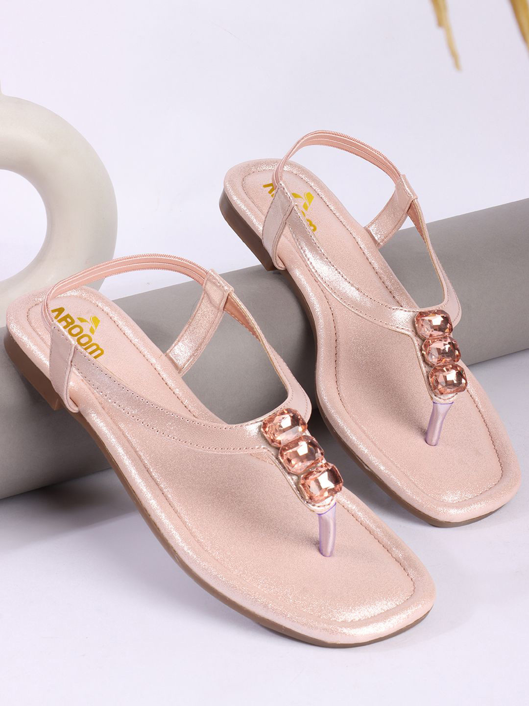 AROOM Women Western Embellished Light Weight T-Strap Flats