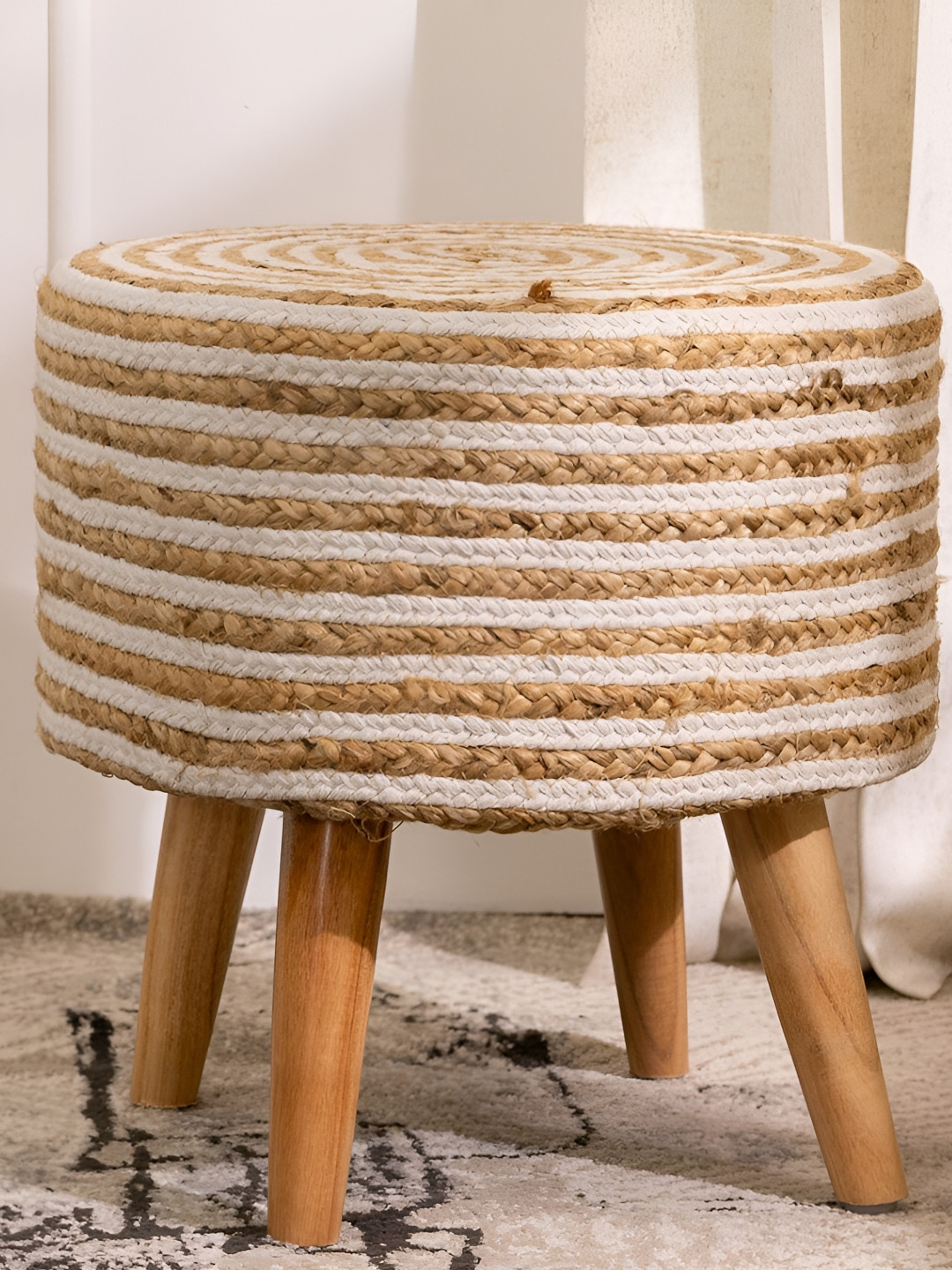 THREADVIBE LIVING Cream-Colored & White Wooden & Velvet Round Ottoman