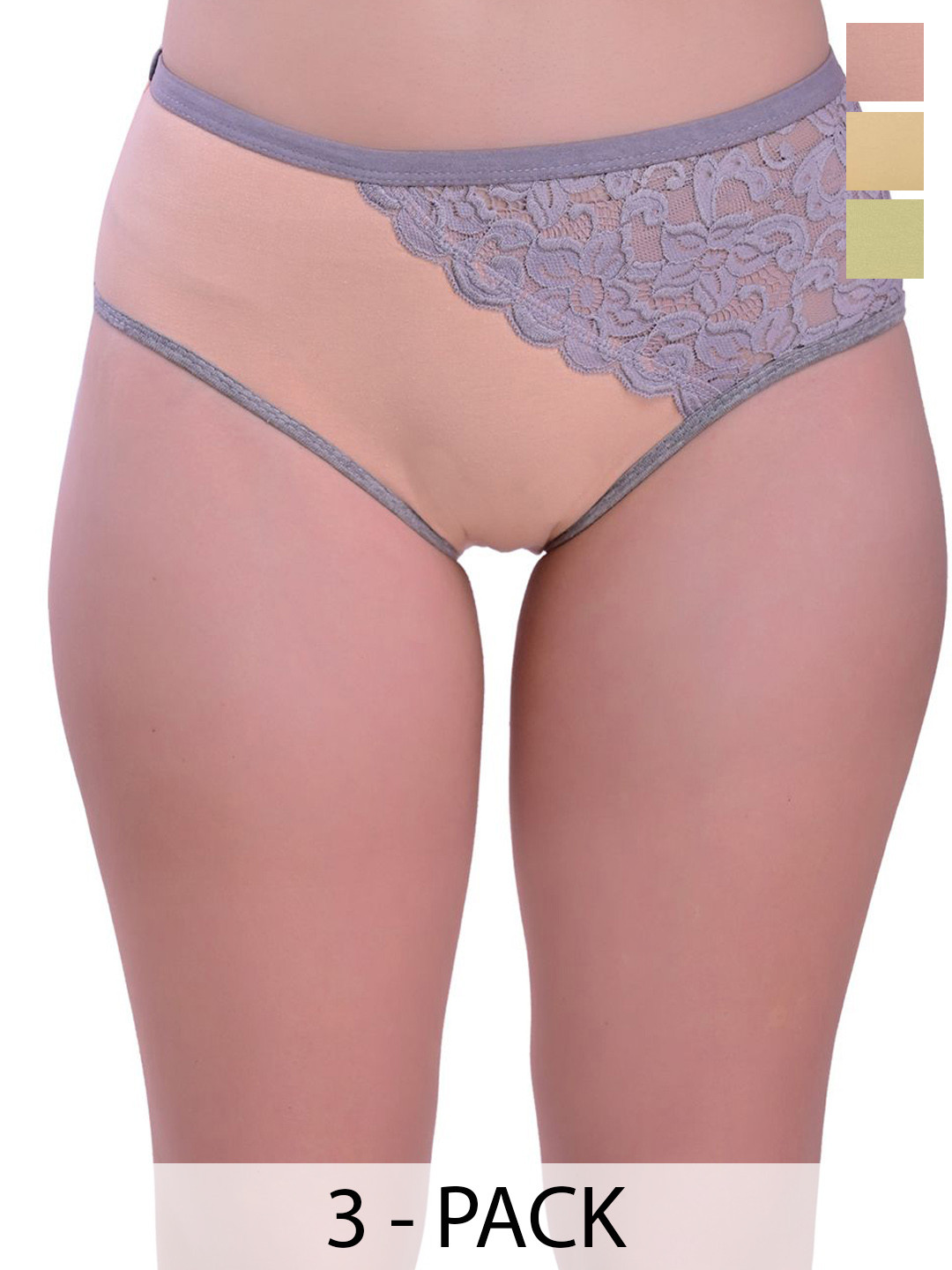 Valles365 by S.C. Pack Of 3  Lace Mid-Rise Hipster Briefs PNTPSDCRBGSEABG-S