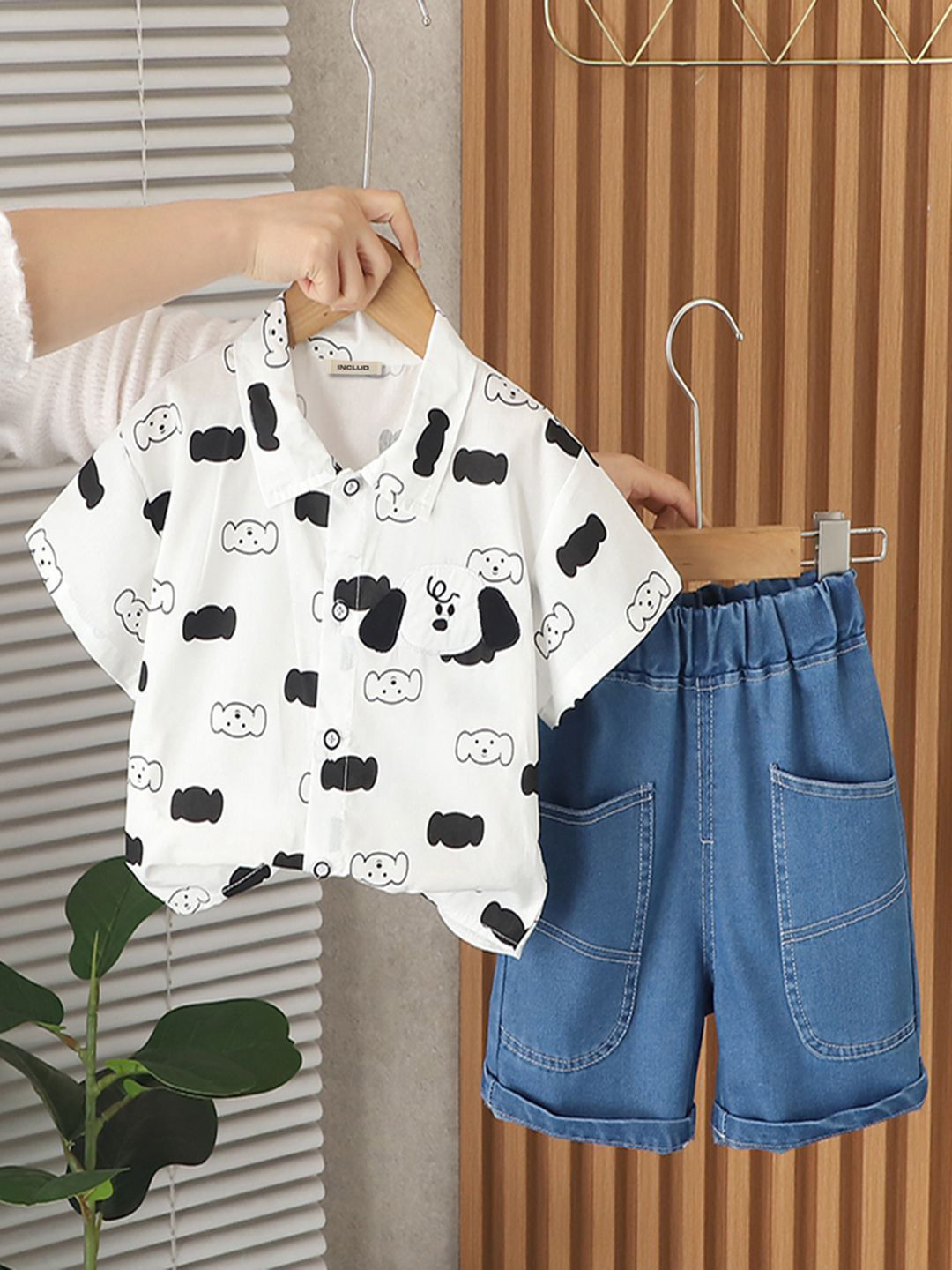 INCLUD Boys Conversational Printed Shirt Collar Shirt With Denim Short