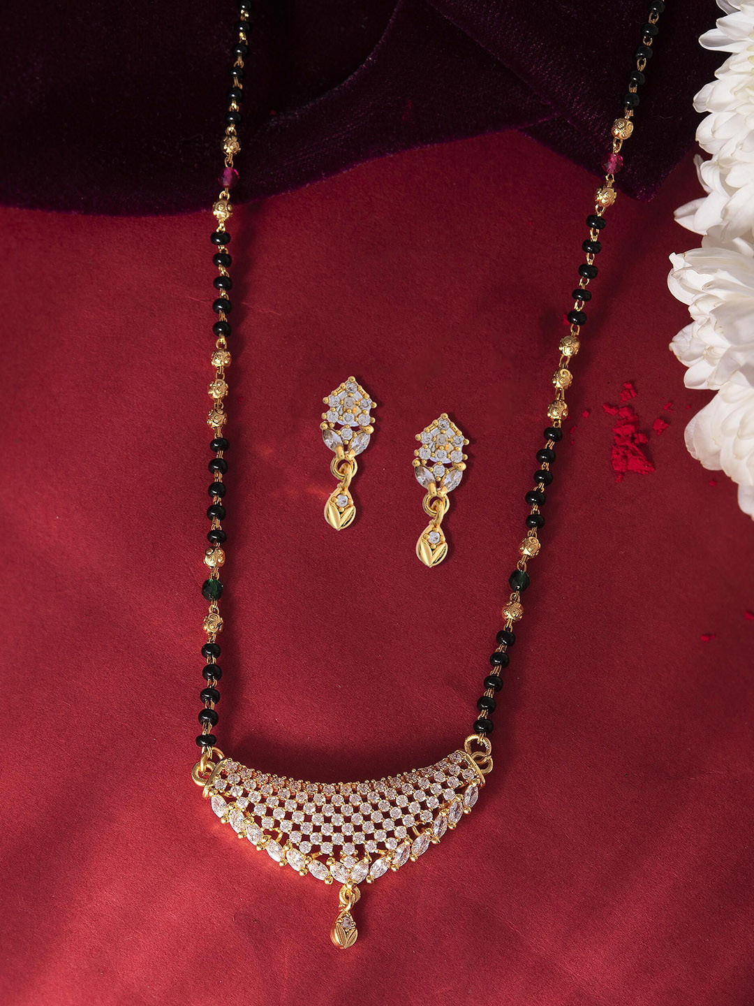 VOJ Gold Plated AD Stones Studded Mangal Sutra With Earrings