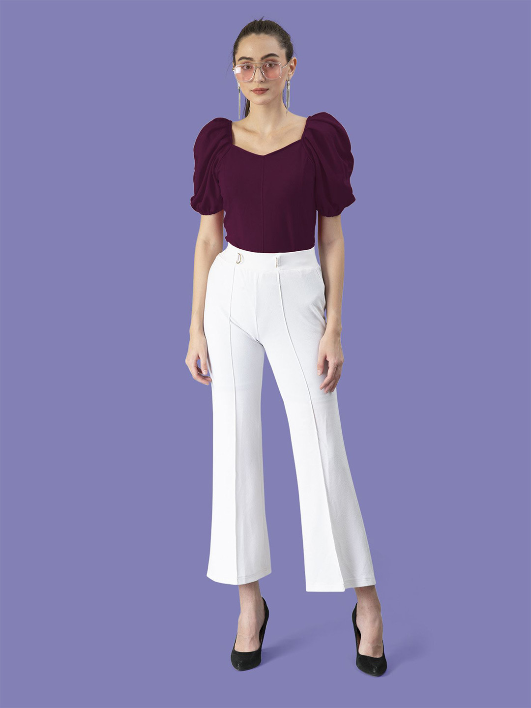 Dream Beauty Fashion top-05-mg-purple Women Solid Square Neck Puff Sleeve Top