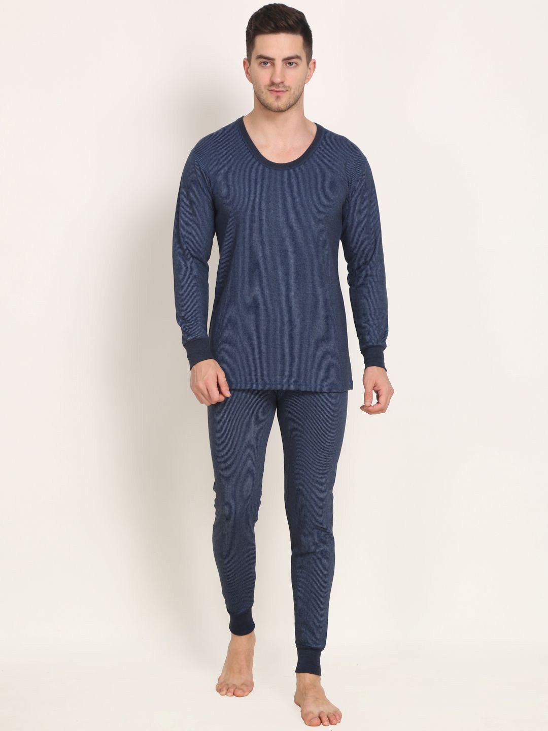 TOUCH WOOL Men Striped Round Neck Thermal Set