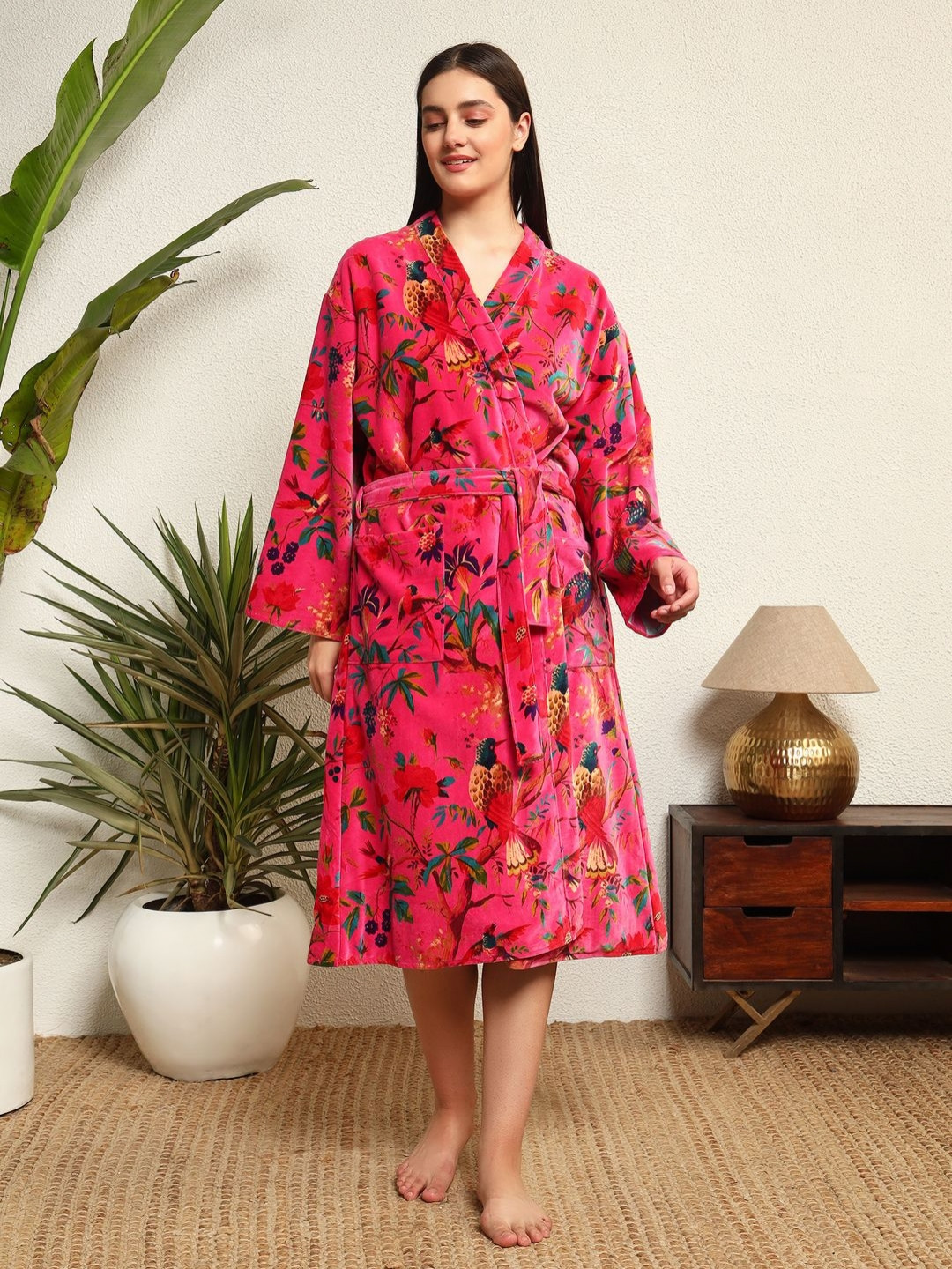 HANDICRAFT PALACE Bird Pink Floral Velvet Drawstring Midi Bath Robe