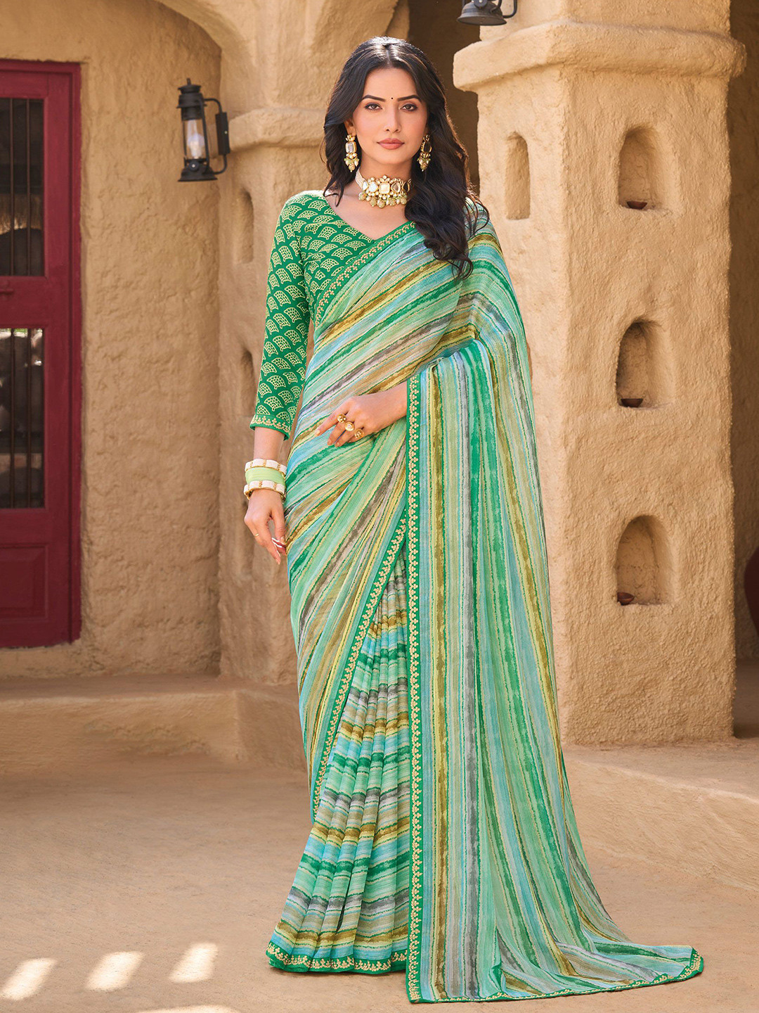 Laxmipati Striped Poly Chiffon Saree